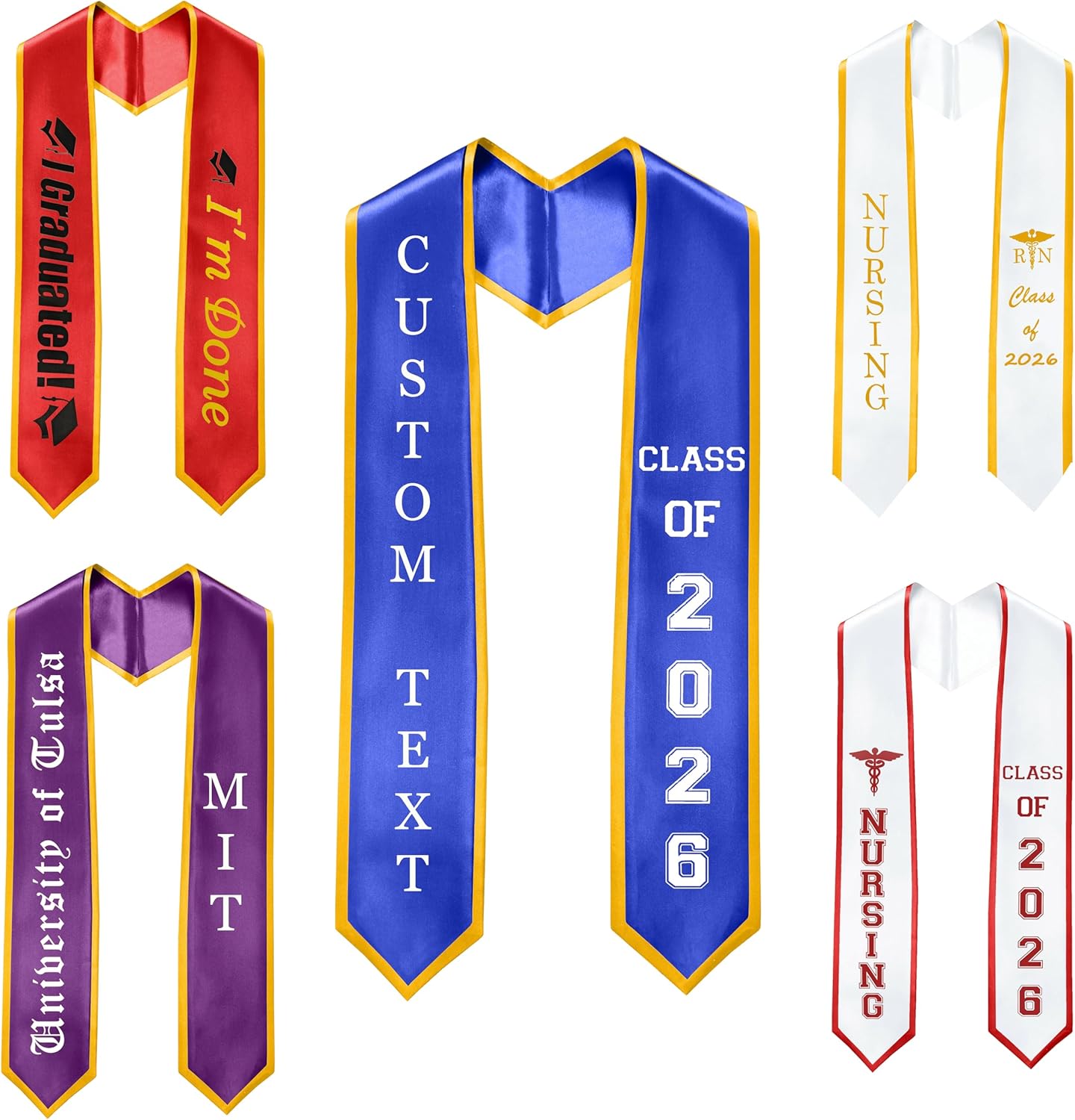 GradPlaza Plain Graduation Stole Sash 60'' Long Adults Sash for High School and College