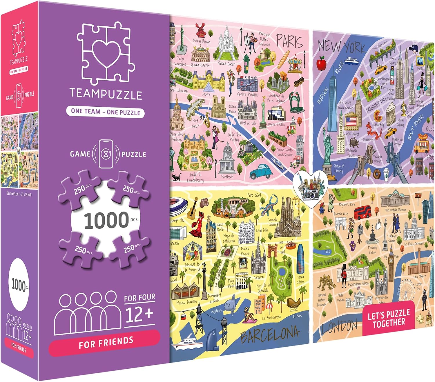 TEAMPUZZLE: City Trip - 1000pc Puzzle, 4 Jigsaw Sections, Around The World Travel Destinations, 27x19, Includes App Game Actions, Family-Friends 12+