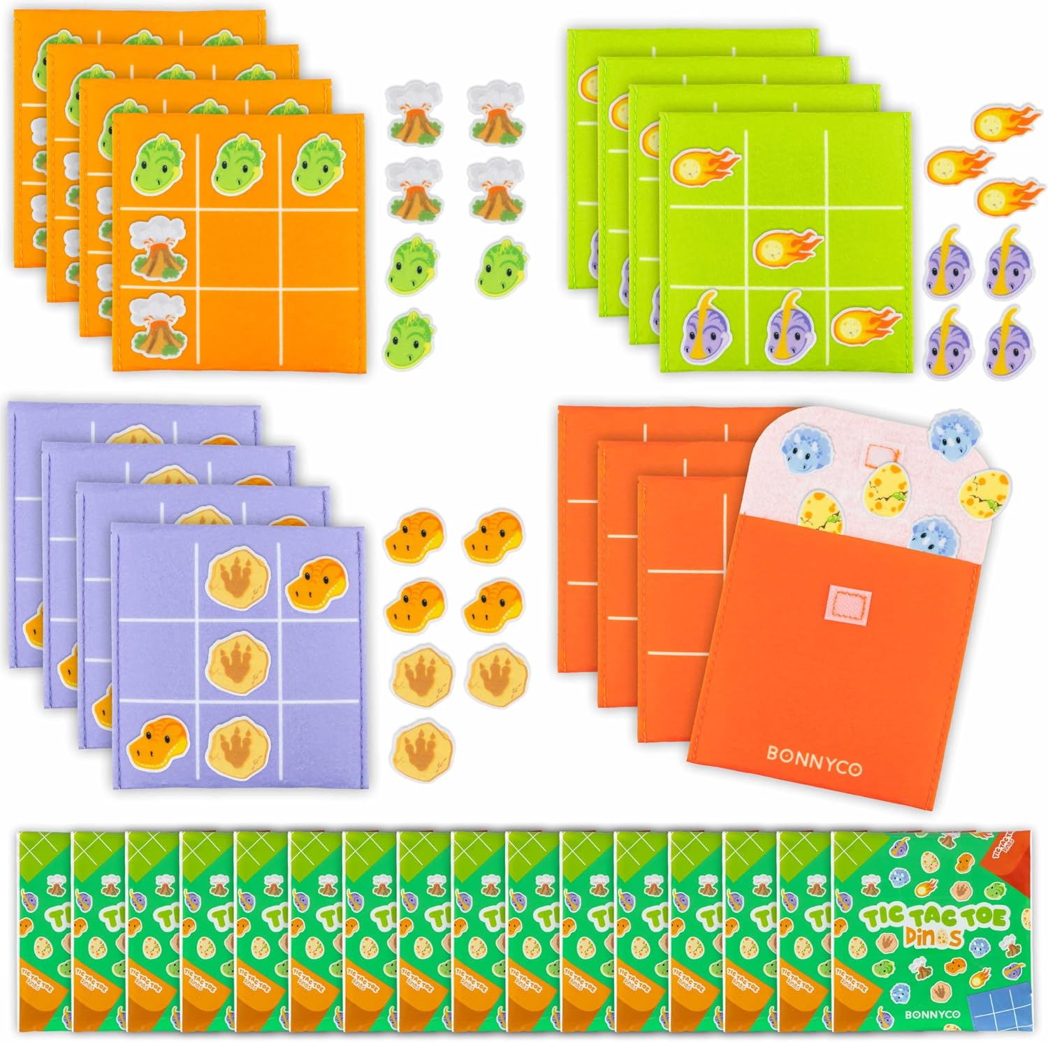 BONNYCO Tic Tac Toe Game Pack 16 Dinosaur Kids Party Favors. Dino Goodie Bags Stuffers for Kids 3-5 4-8, Goody Bag Stuffers Pinata. Return Gifts for Birthday Party, Mini Games, Bulk Travel, Rewards
