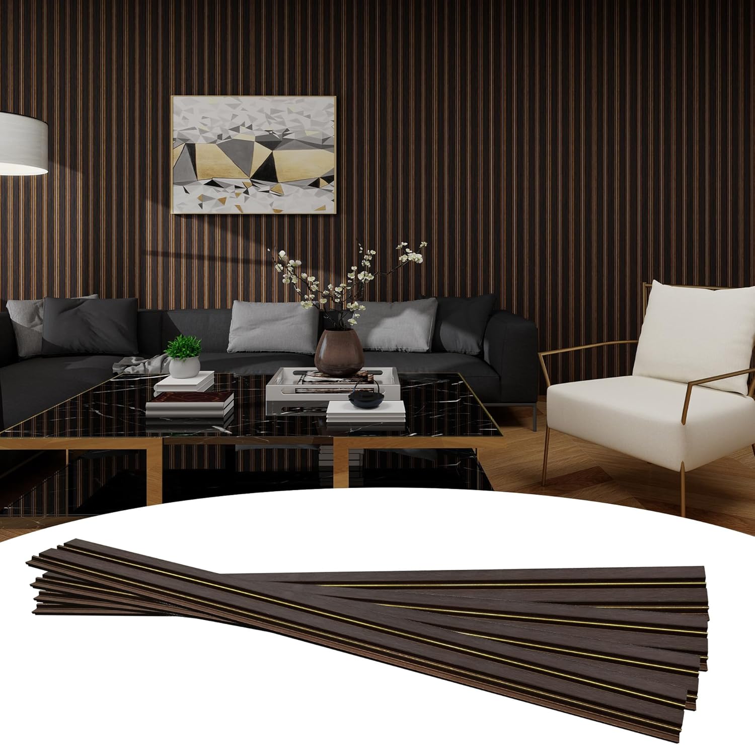 3D Textured Wood Slat Wall Panels 16 Pack - Waterproof PS Fluted Faux Wood Paneling (43.3"x4.7") Easy Adhesive Installation, Dark Walnut