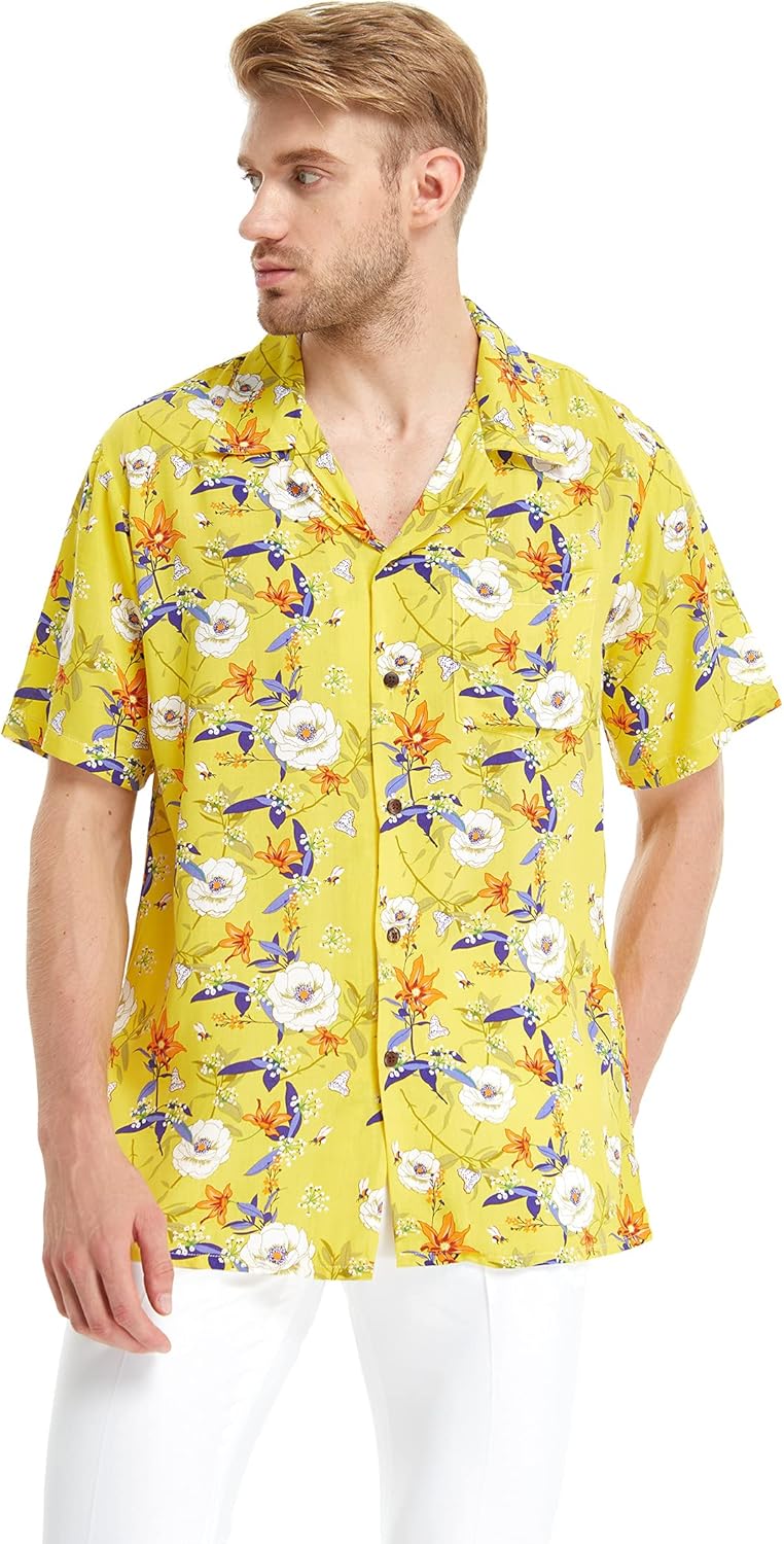 Matchable Couple Hawaiian Luau Shirt or Rahee Maxi Dress in Garden Poppy Yellow