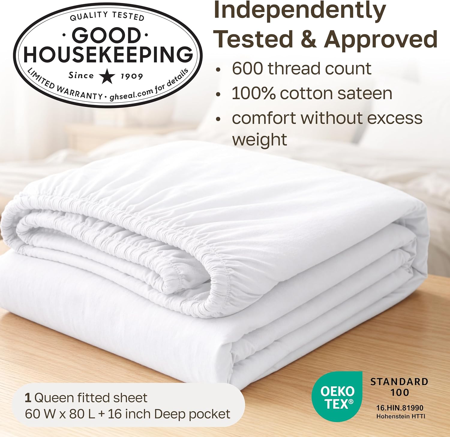 California Design Den 600 Thread Count Queen Size Fitted Sheet, Light Grey image 4
