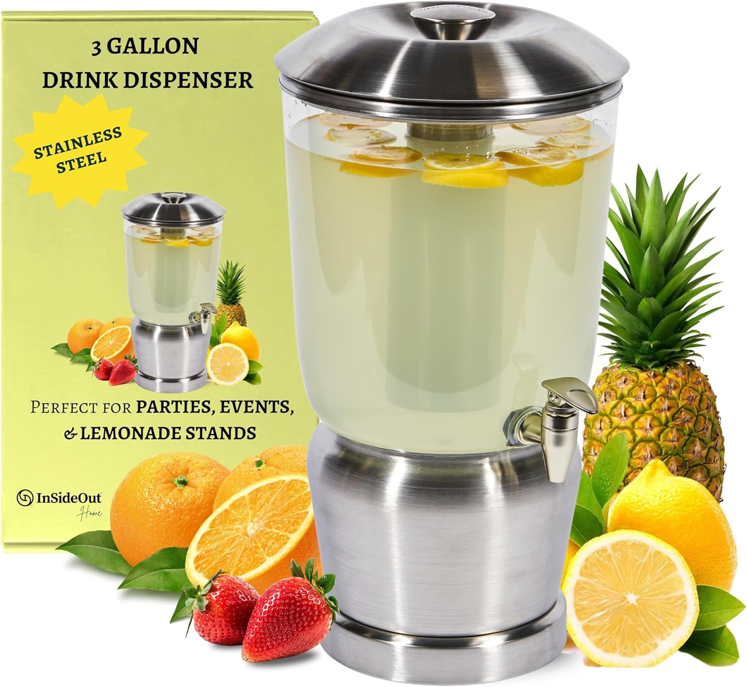 Drink Dispenser with Ice Chambers, Lemonade Tea Water Dispenser with Spigot, Stainless Steel Beverage Jar Jug, Perfect for Home Parties, Weddings, Gifts & Events (Silver, 3 Gallon)