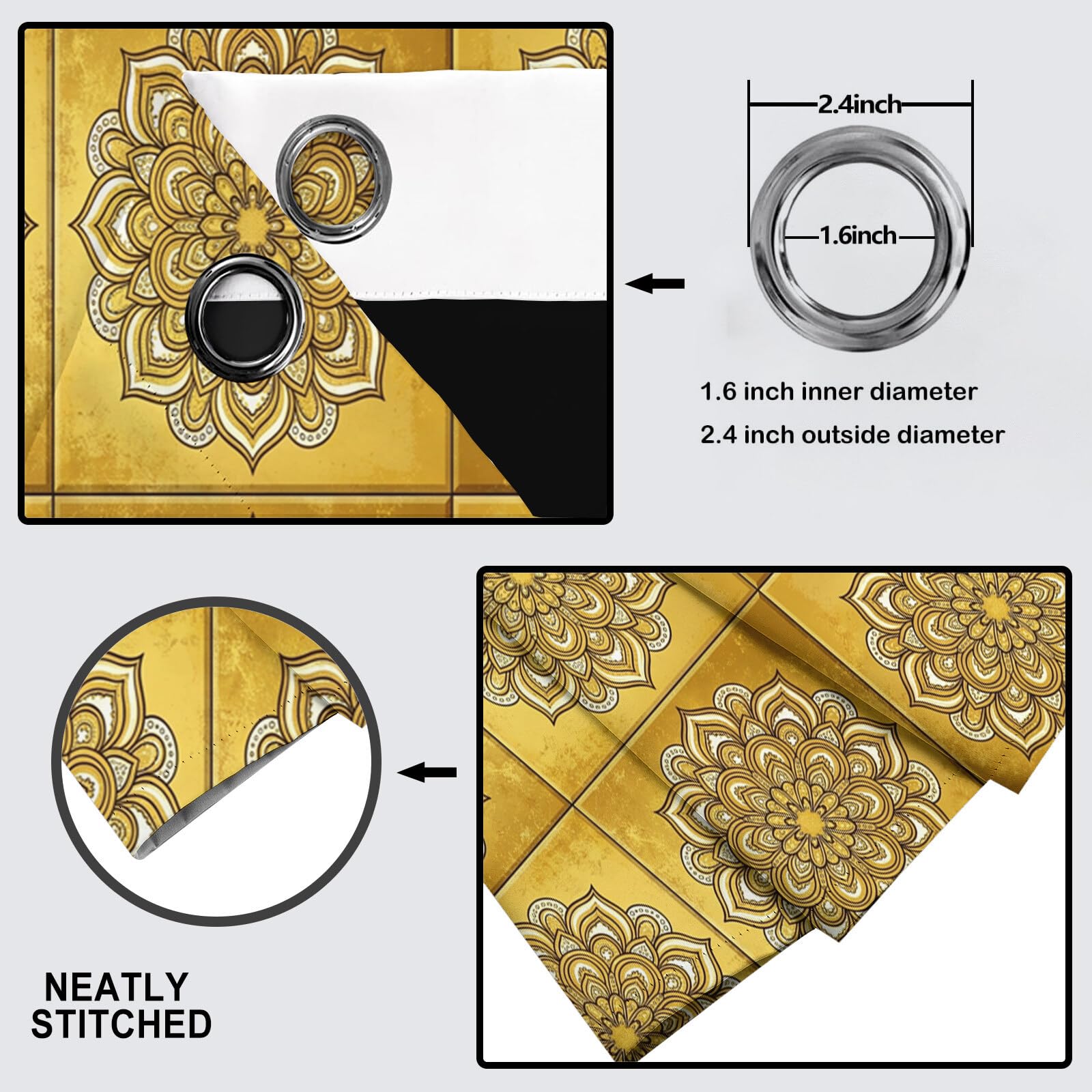 Rideau Occultant Obscurcissant, Mandala Rectangle Géométrie De Luxe 2 Panneaux À Oeillets, Anti Froid Chaleur Bruit, Décoration Salon Chambre