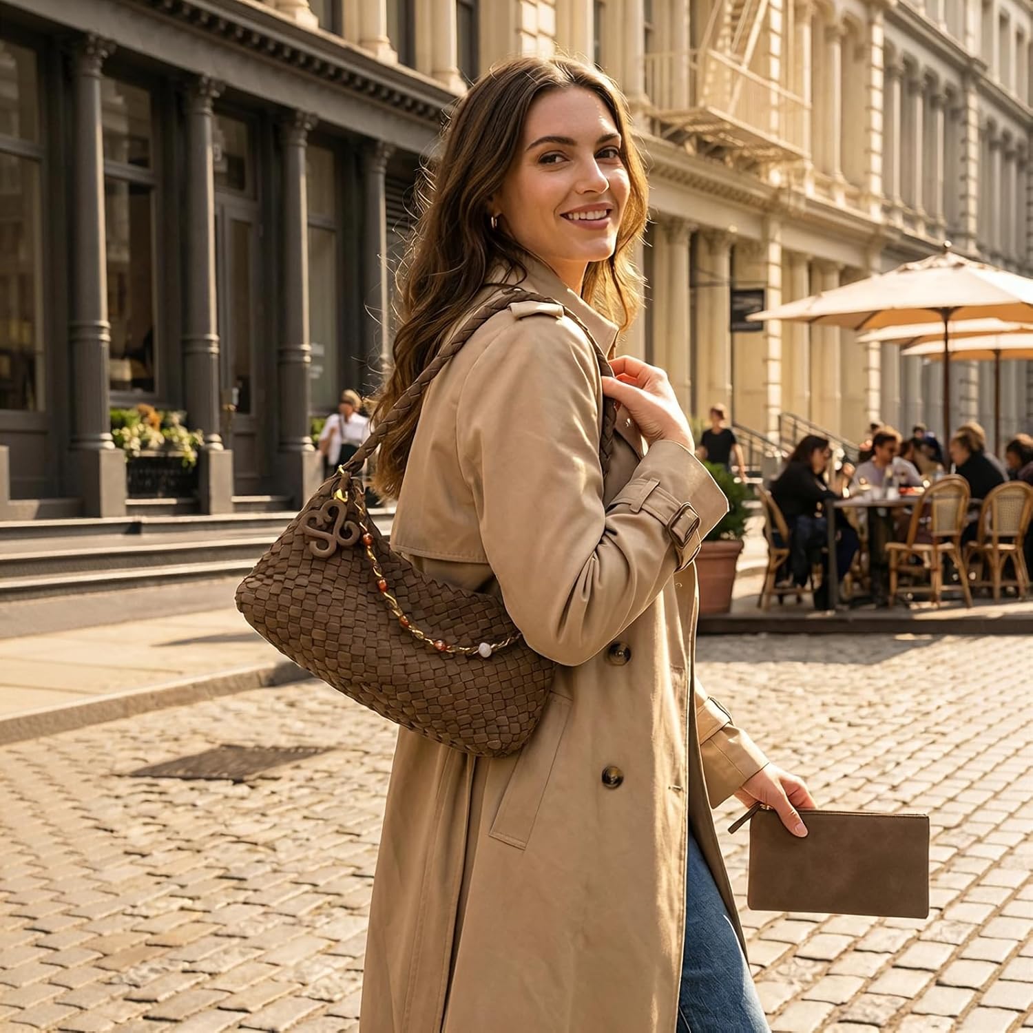 Suede Woven Shoulder Bag for Women - Small Soft Faux Leather Hobo Handbag with Pouch, Slouchy Underarm Tote for Daily Travel