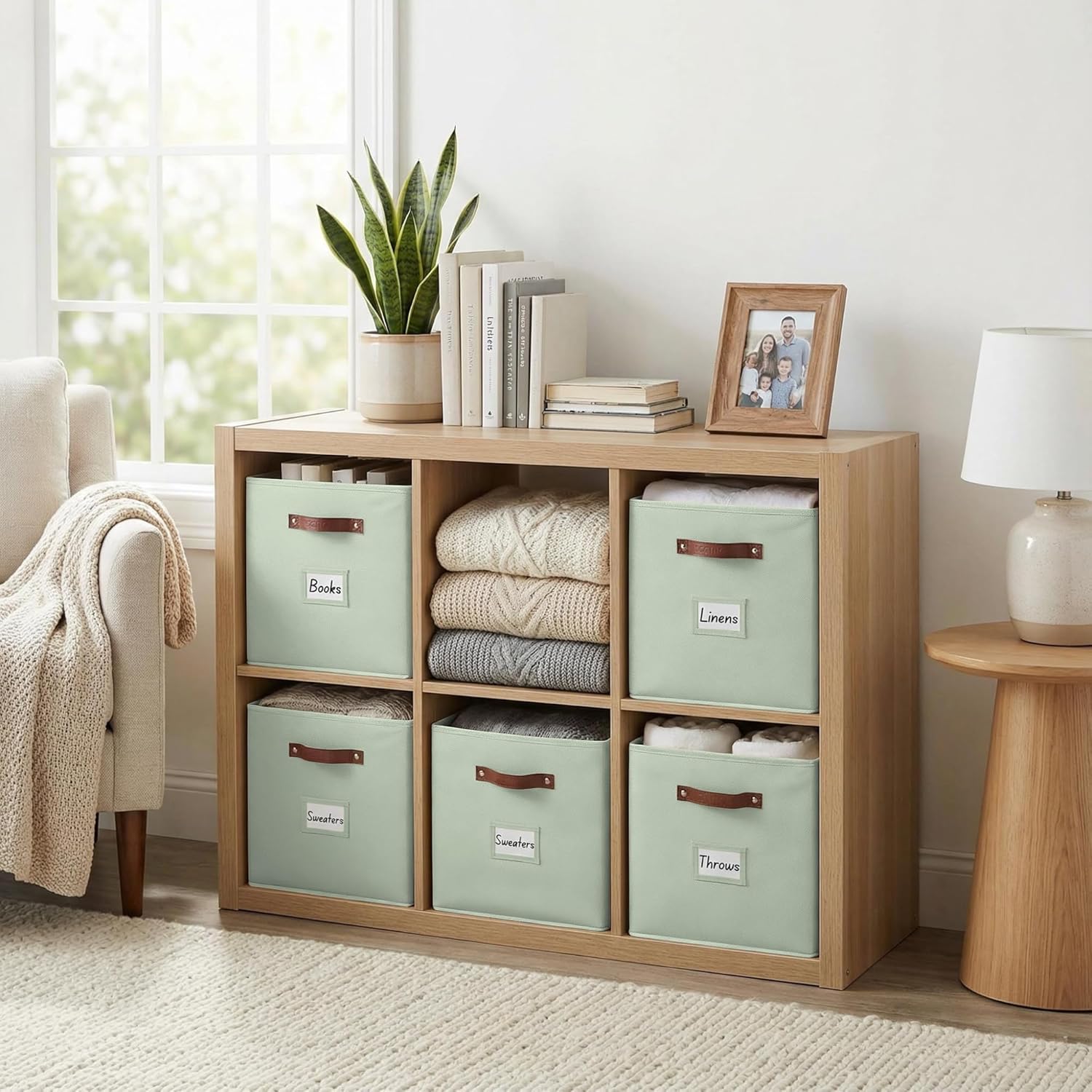 DECOMOMO Storage Bins, Cube Storage Bin with Labels, Fabric Storage Cubes for Shelves (10.5" x 11" / 6pcs, Sage Green)