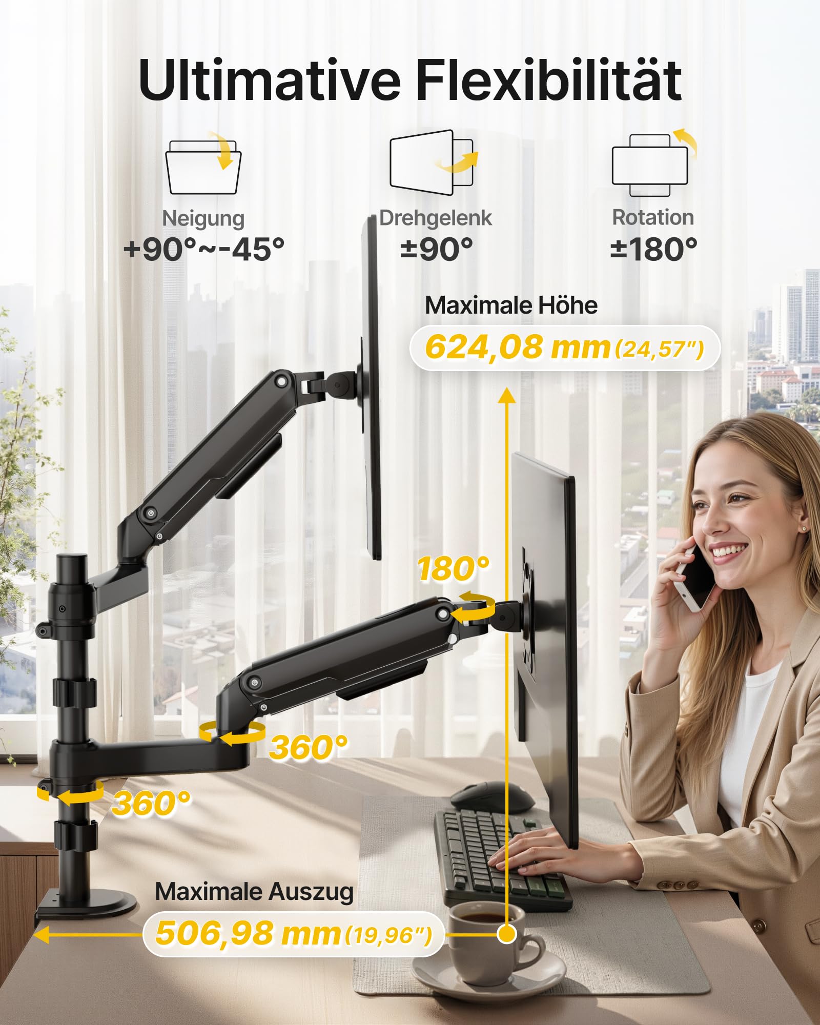monTEK Doppel Monitor Halterung 17–32 Zoll, bis 9 kg pro Arm | VESA 75x75/100x100 mm,vertikale & parallele Bildschirmhalterung, schwenk- & rotationsfähig Monitor Halterung 2 Monitore