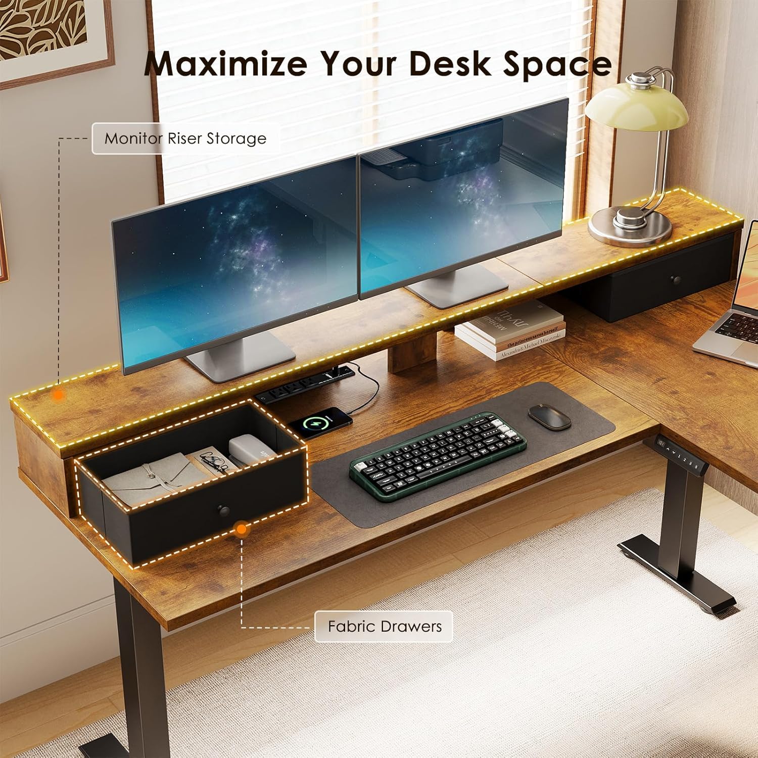 Casaottima 59 Inch Electric L-Shaped Standing Desk with Drawers, Height Adjustable Stand Up Corner Desk with Monitor Stand, Lift Table for Home, Office, Workstation, Rustic Brown