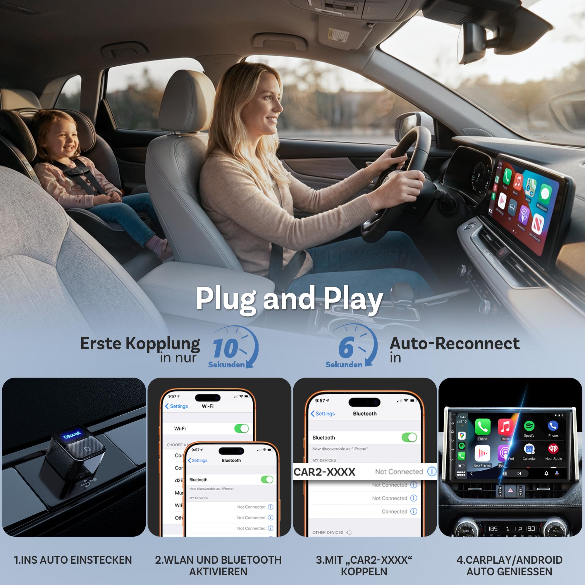 OTTOCAST Mini Core 2-in-1 Kabelloser CarPlay & Android Auto Adapter, Micro Mini Cube Wireless Car Dongle mit Smart-Switch-Taste, Wi-Fi 6 & Bluetooth 5.4, Automatische Verbindung für 98% der Fahrzeuge