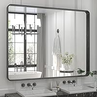Vista 55 de TETOTE Espejo de marco negro de 16 x 24 pulgadas, espejo de tocador de baño para pared, moderno espejo rectangular de esquina redonda con marco
