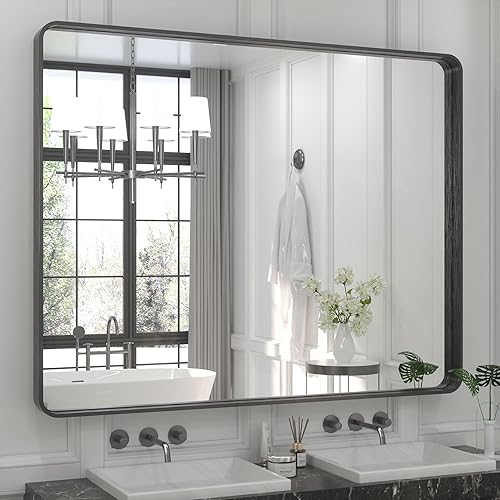 TETOTE Espejo de marco negro de 48 x 40 pulgadas, espejo de tocador de baño para pared, moderno espejo rectangular de esquina redonda mate con marco