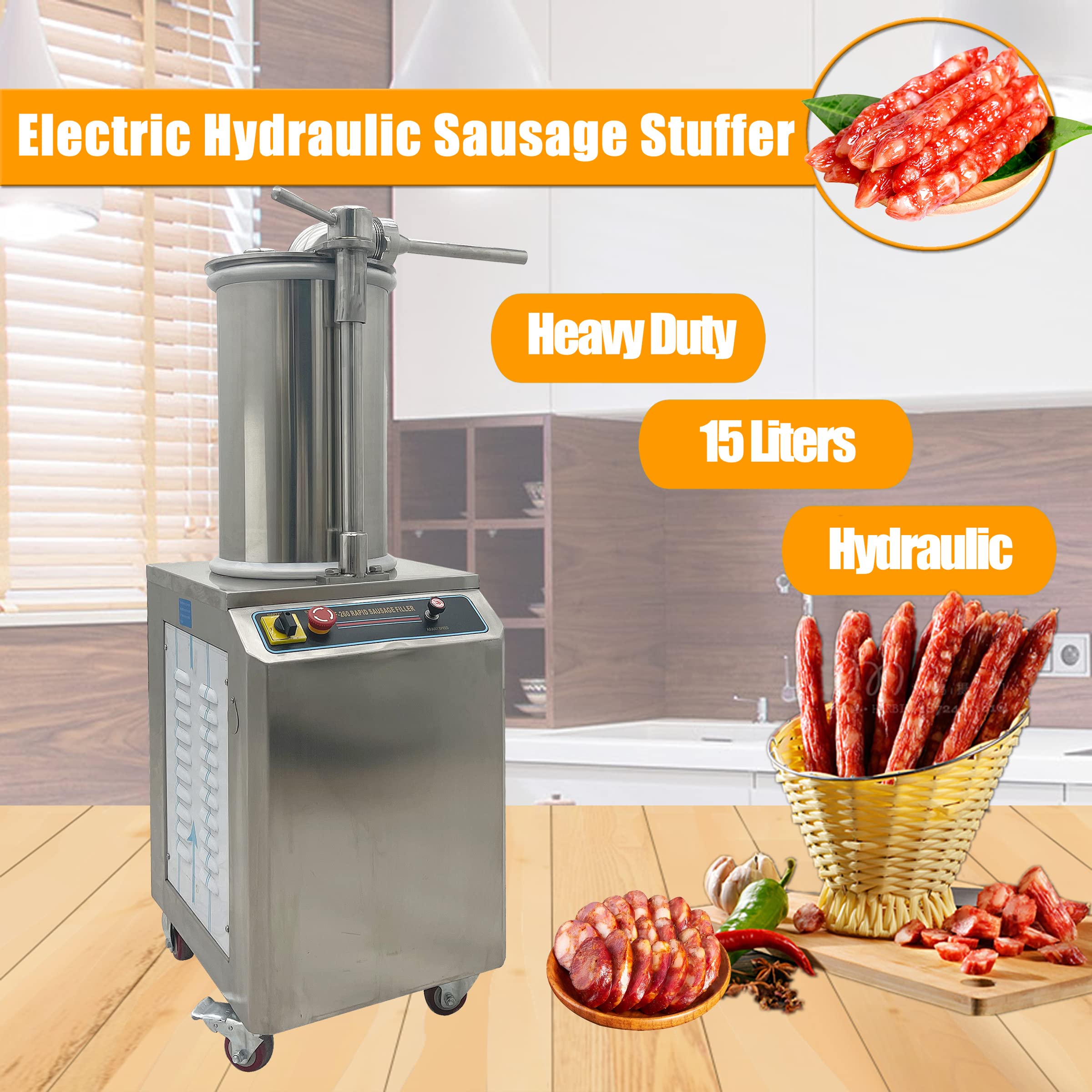 TECHTONGDA Hydraulic Sausage Stuffer Automatic 110V Stainless Steel Vertical Meat Stuffer Sausage Filling Maker Machine with 15L Capacity and 3 Stuffing Nozzles for Commercial and Home Use