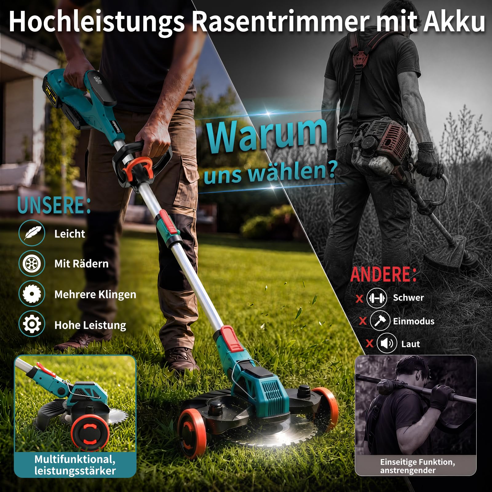 Rasentrimmer mit Akku, 5-IN-1 Rasentrimmer mit Unkrautbürste/Rädern, 21V/2 * 4.0Ah Akku Rasentrimmer, 900W Bürstenloser Motor Akku Freischneider, Akku Motorsense für Rasen, Garten, Hof