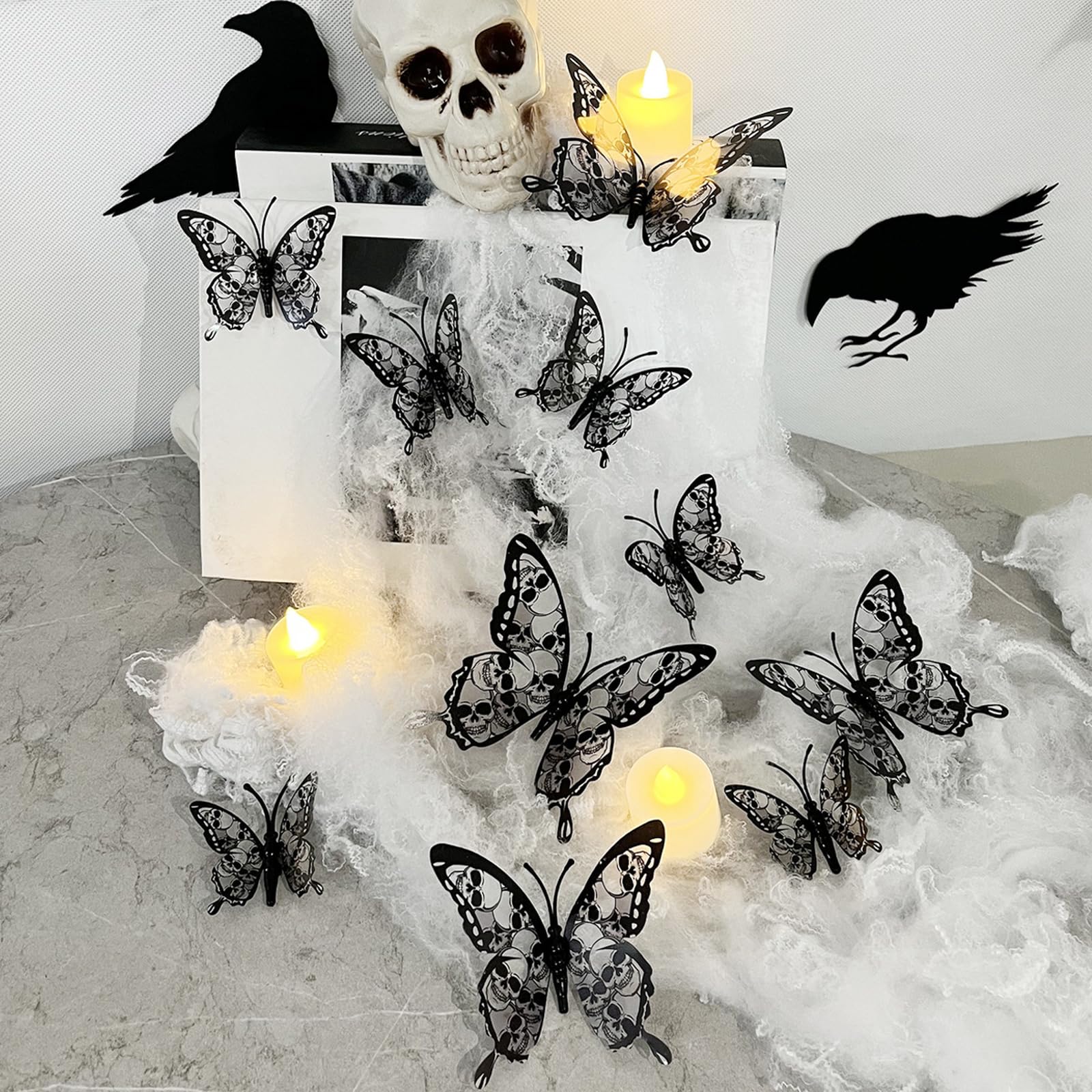 Zenruiming 12 Pieces Of 3D Three-Dimensional Skull Butterfly Background Wall Decoration, Creative Home Decoration Wall Stickers, Suitable For Halloween Party Decoration