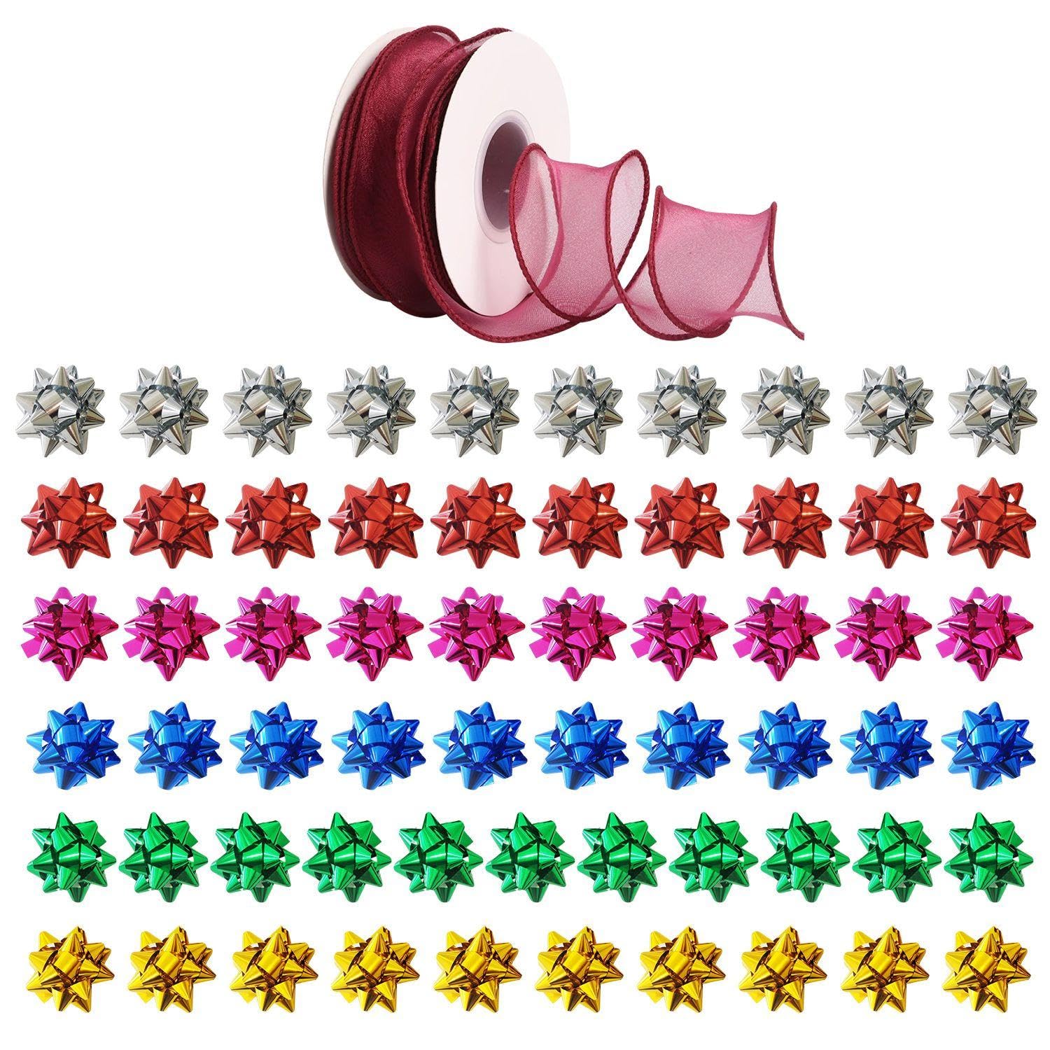 LSYYSL 60 Pieces Self-Adhesive Gift Bows, 1 Roll Of Fishtail Yarn Ribbon, Bow Bows, Gift Wrapping Ribbon