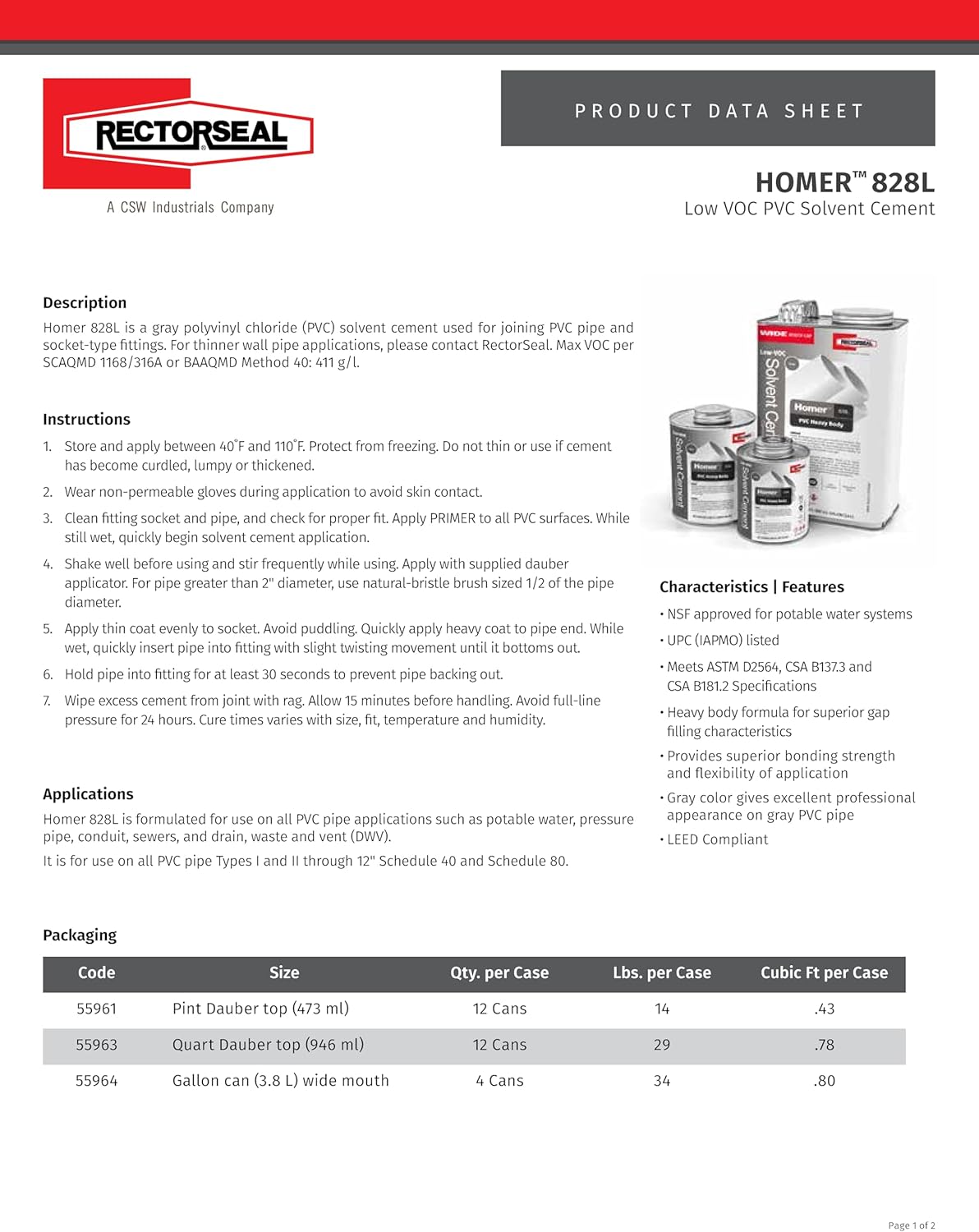 Rectorseal 55961 Pint 828L Heavy Body Grey Low Voc PVC Solvent Cement, 12 Cans