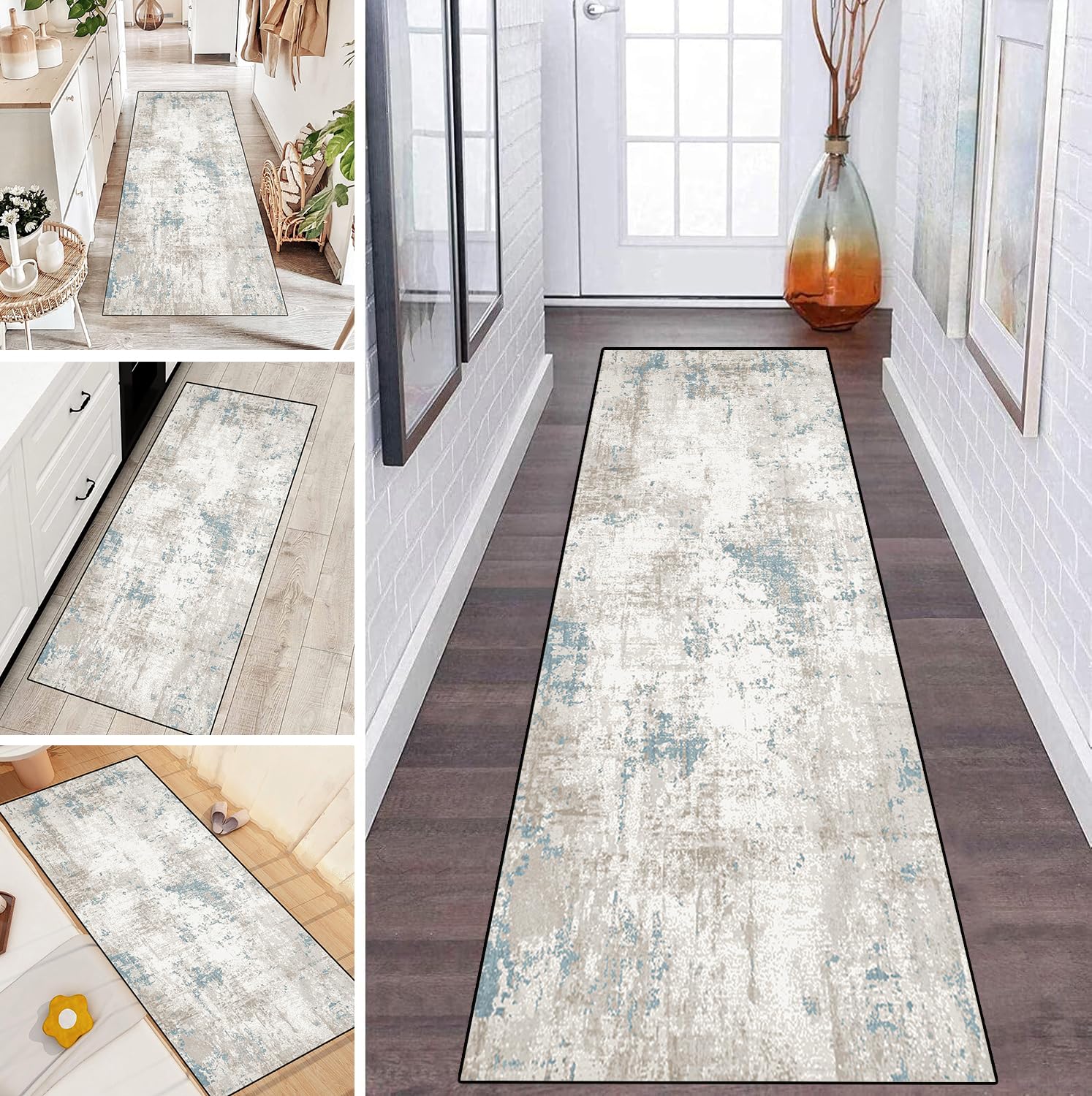 LUMIPAP Rug Runner, Hallway Carpet Runner, Kitchen Runner, Kitchen Rugs, Non-Slip Washable Bed Rug for Hallway, Laundry Room, 60 x 500 cm, Turkish Style, Blue, Grey