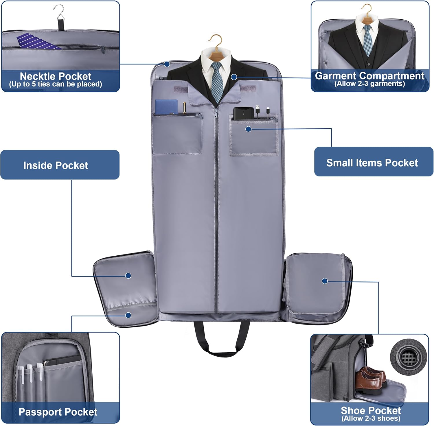 Convertible Duffle Bags for Travel Carry On Suit Duffle Bags with Shoulder Strap 2 in 1 Hanging Garment Duffle Bag for Men Women (Grey) - Image 2