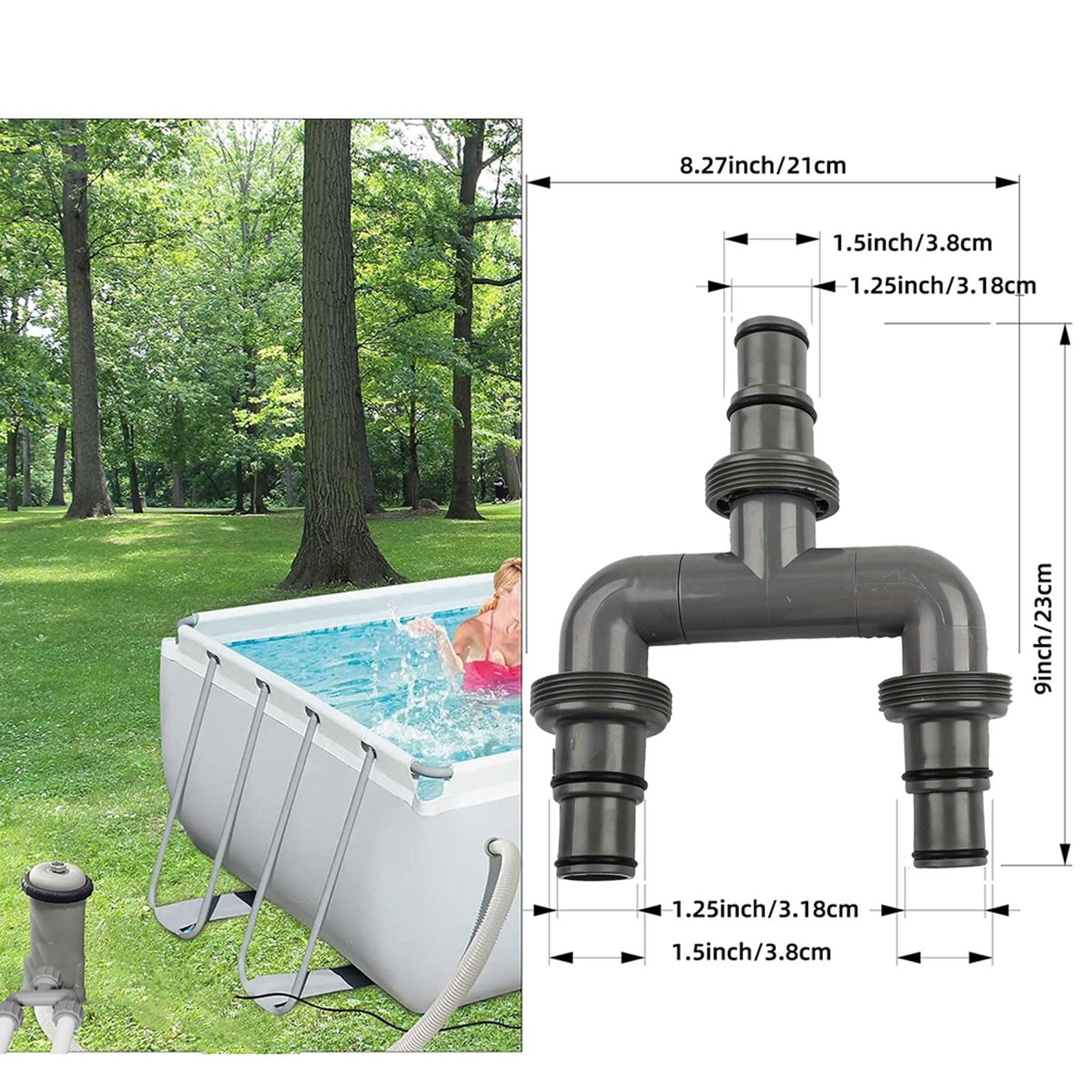 Poolschlauch-Adapter, 38 mm auf 32 mm, für Intex Poolsystem, T-Anschluss für Schwimmbadheizung, Bypass-Kit, 3-Wege-grauer Kunststoff und Edelstahlarmatur