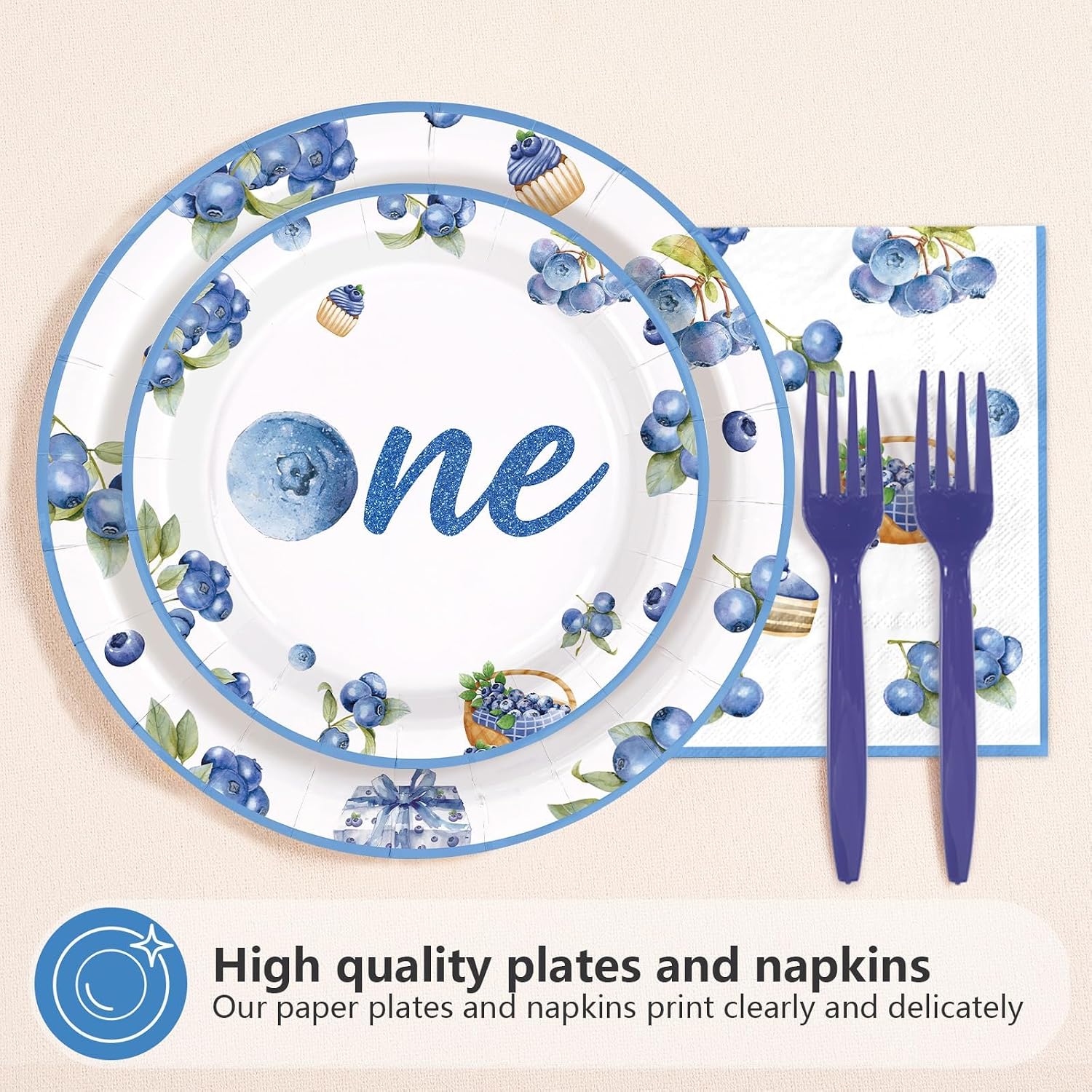 96Pcs BlueBerry 1st Birthday Party Decoration Blueberry Fruit 1st Birthday Themed Plates and Napkins Watercolor Berry Disposable Paper Tableware Set for Party Supplies Serves 24