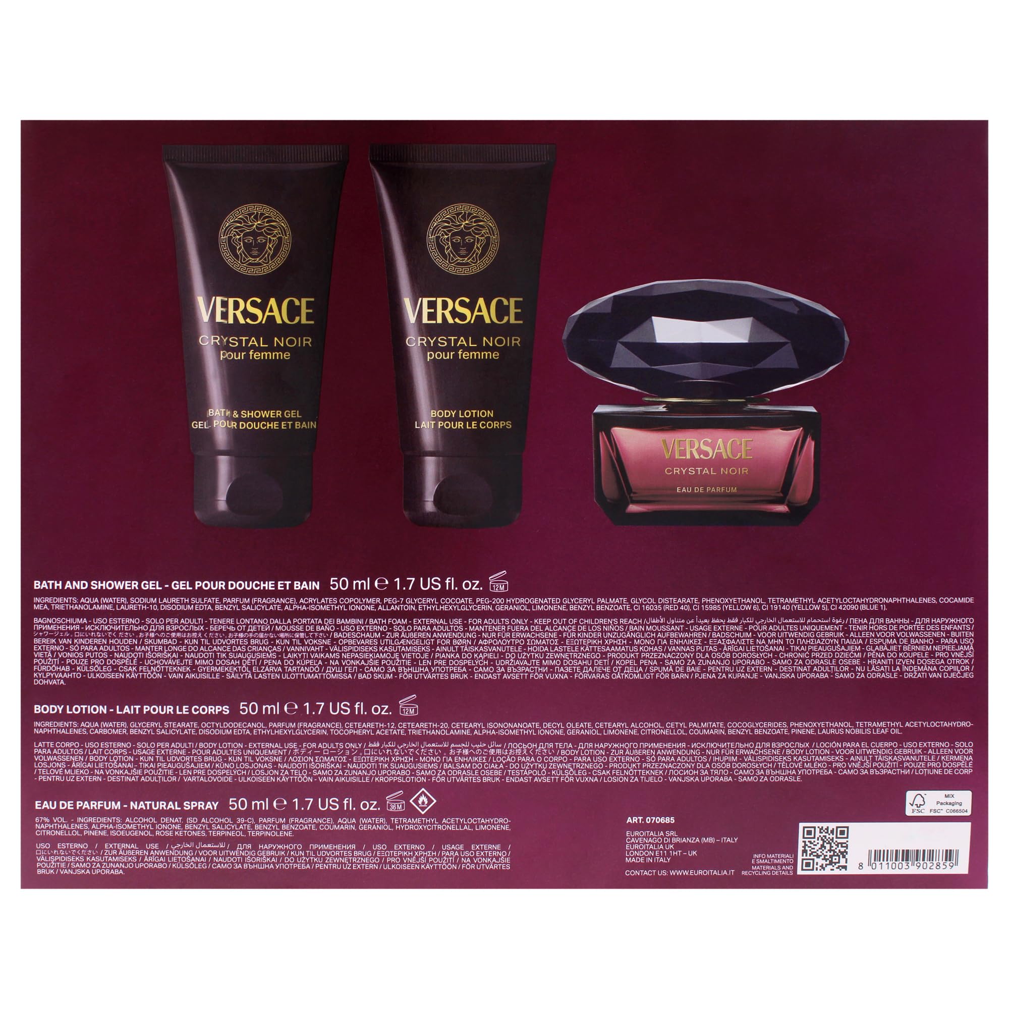 Versace Crystal Noir Eau de Parfum Gift Set 2025, 50 ml, EDP, 50 ml Körperlotion und 50 ml Duschgel