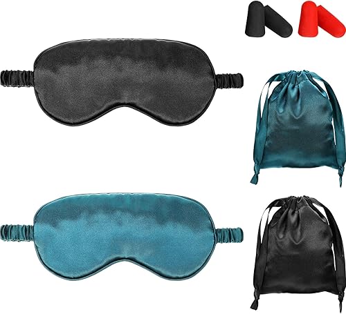 El juego de máscara de dormir de satén de seda incluye 2 correas elásticas para sombras de ojos vendados, doble capa de relleno de seda, 2 tapones