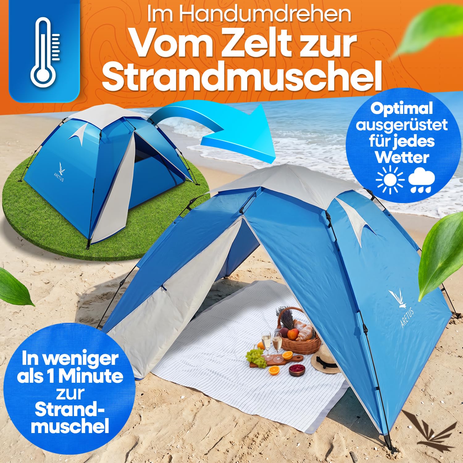 Aretus Wurfzelt - extra wasserdicht & stabil, schneller Auf & Abbau in 45 Sekunden | Wurfzelt 2 Personen wasserdicht, Wurfzelt 3 Personen, Wurfzelt 4 Personen, Pop Up Zelt 4 Personen. 3 Personen Zelt