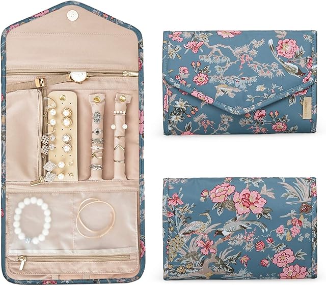 BAGSMART Travel Jewellery Organiser, Foldable Jewelry Storage Roll for Journey-Rings, Necklaces, Bracelets, Earrings (Blue Flower Pattern)