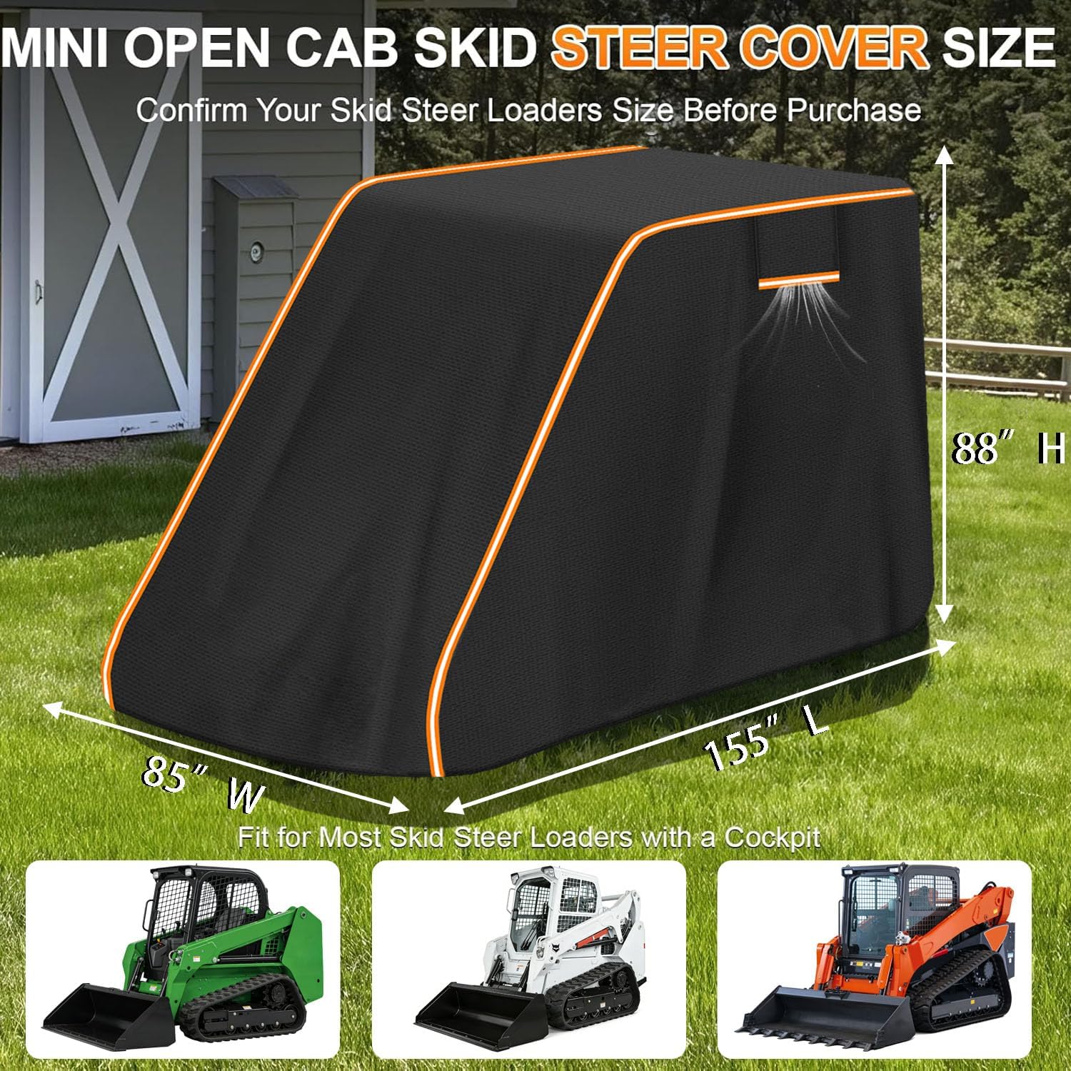 Skid Steer Cover Waterproof Heavy Duty, 900D UV Protection Track Loader Cover Compatible with Bobcat, John Deere, Kubota, Caterpillar, Case, New Holland, JCB, X-Large(155"x 85"x 88")