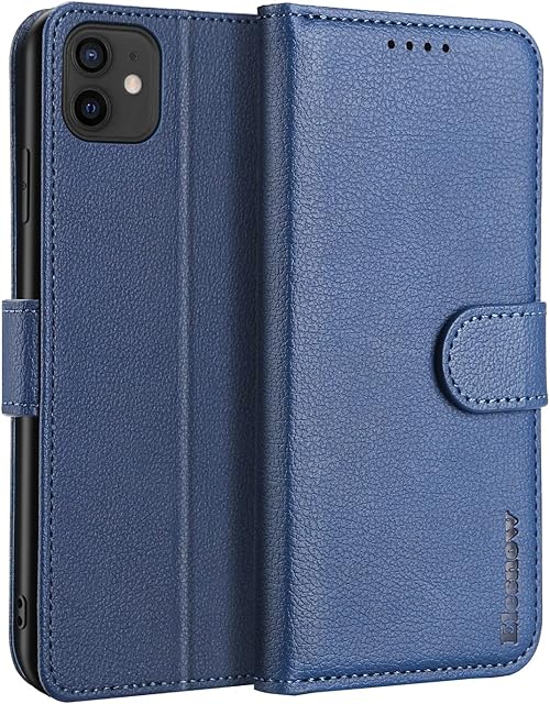 ELESNOW iphone 11 Phone Case, Flip Leather Phone Case with Card Holder Kickstand Wallet Shockproof Case Magnetic Protective Case Cover for iphone 11-6.1 inch (Blue)