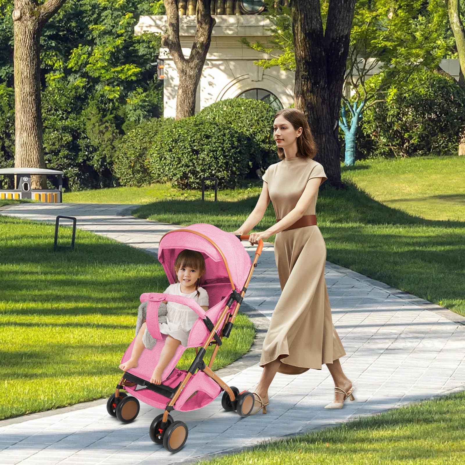 Poussette Pliable Multifonctionnelle, Dossier Réglable 175° Peut s'asseoir ou s'allonger, Auvent Ajustable, Roues Antichoc, 0-6 Ans, Avec coton et moustiquaire (Or Rose)