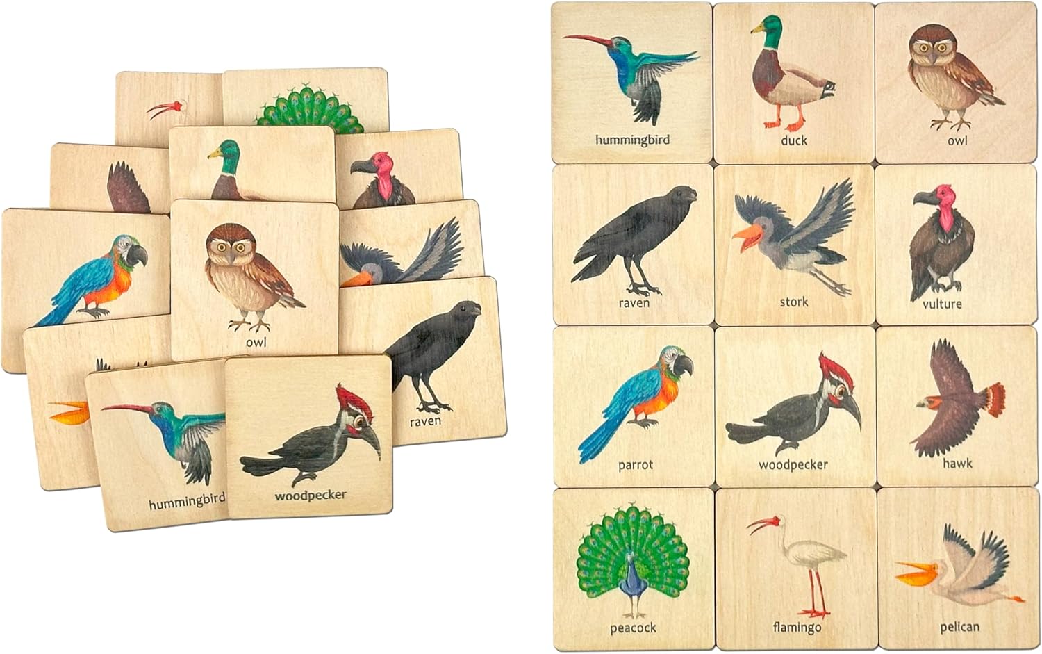 Montessori Wooden Birds Memory Game, 1 2 3 4 Year Old Montessori Materials, Wooden Flash Cards, Homeschool Gift, Bird Animals Matching Cards, Kids Learning Activity (5.5x5.5cm)