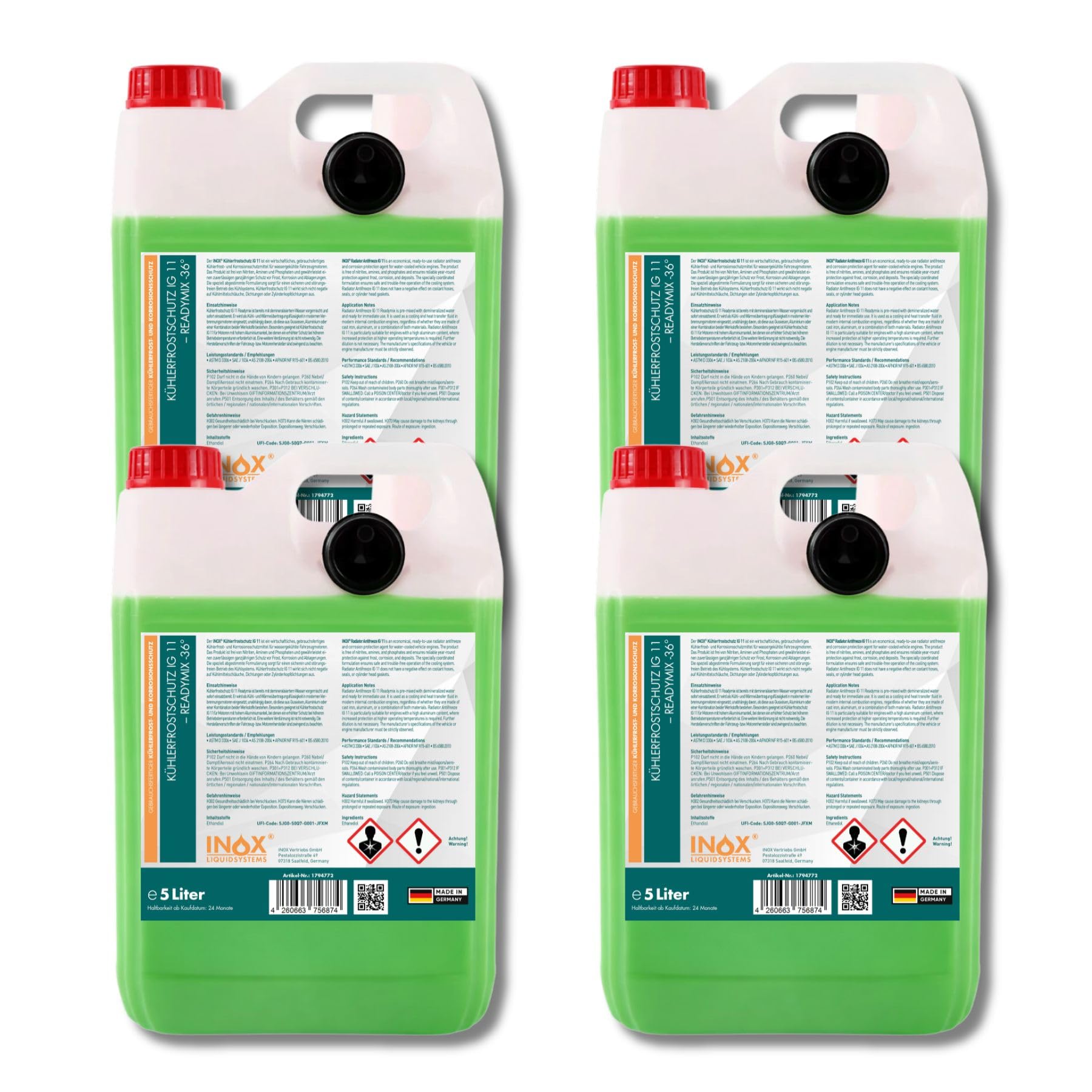 INOX IG11 ReadyMix Lot de 4 x 5 l de protection contre le gel de radiateur -35 °C | Liquide de refroidissement prêt à l'emploi | Antigel et liquide de refroidissement pour voitures, voitures et