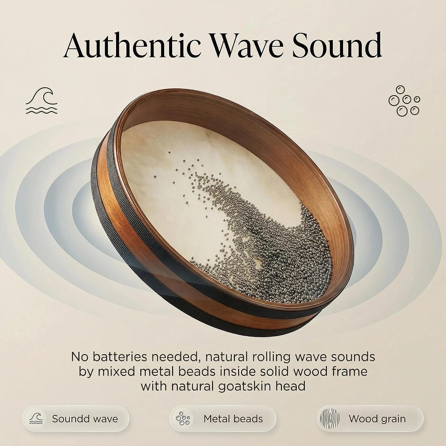 12 Inch Ocean Drum, Hand Percussion Instrument with Authentic Wave Sounds, Solid Wood Frame & Natural Brown Goatskin, Adjustable Volume, Portable Travel Size for Beginners, Meditation & Classroom