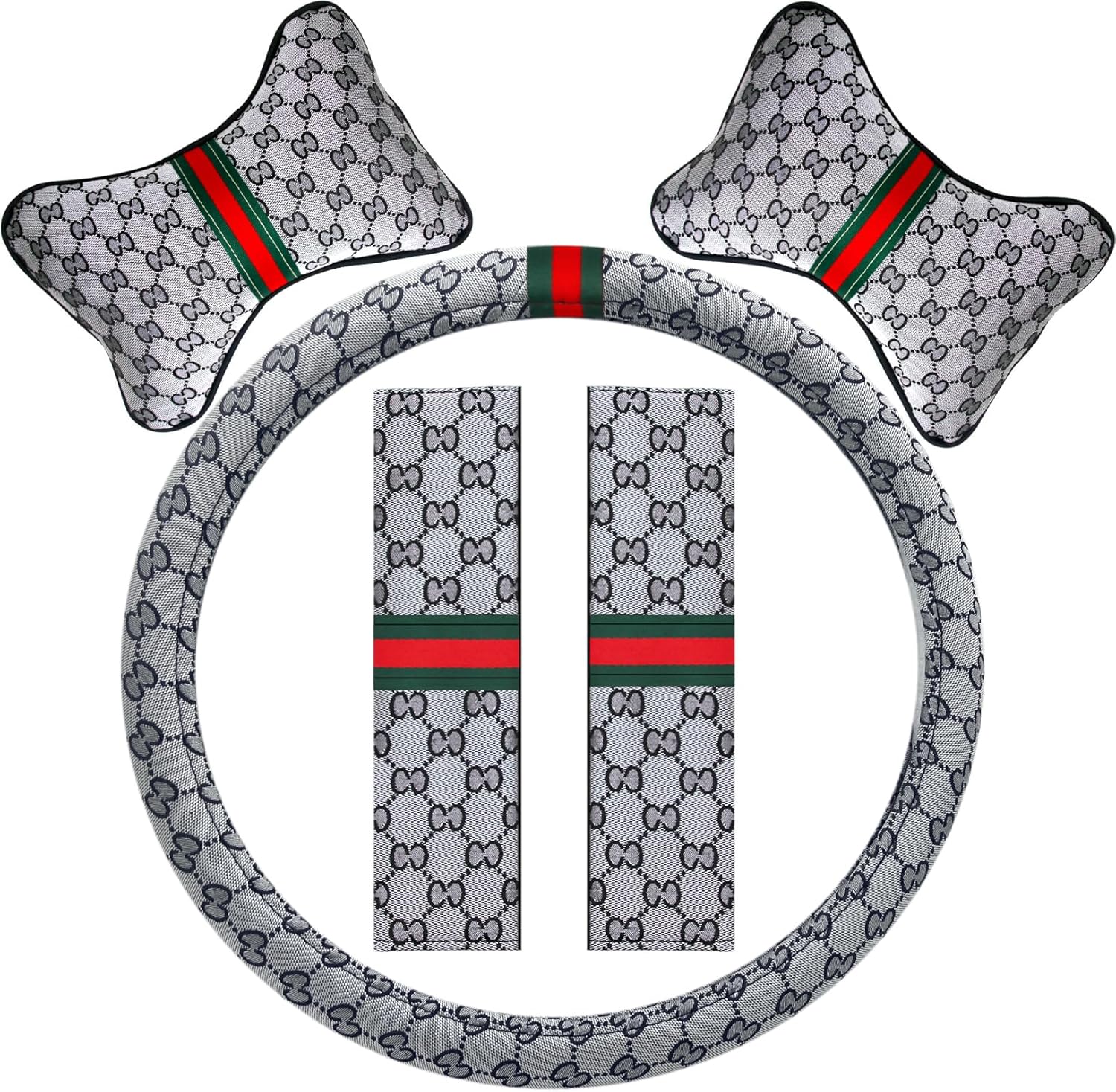 5PCS Steering Wheel Cover, with 2 Headrests, 2 Seat Belt Covers - Universal Fit for 14.5-15" Steering Wheel, Enhances Driving Experience - Perfect for Women (Gray)