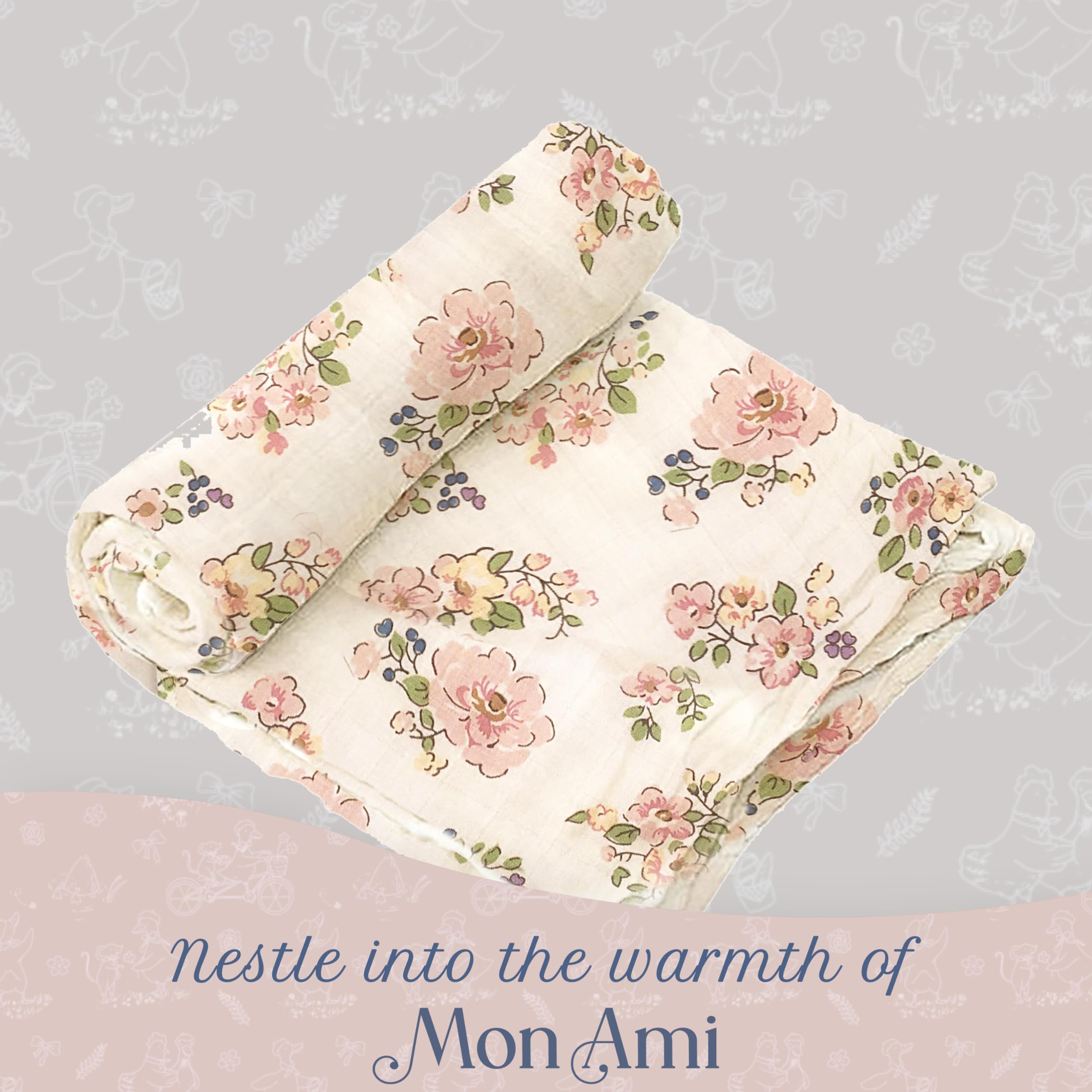 MON AMI Französisches Blumen-Hasen-Geschenkset | 119,9 x 129,9 cm weiche Baumwoll-Musselin-Babydecke und 15,2 cm Plüsch-Rasselspielzeug | perfektes Neugeborenen-Essential für Geburtstage und