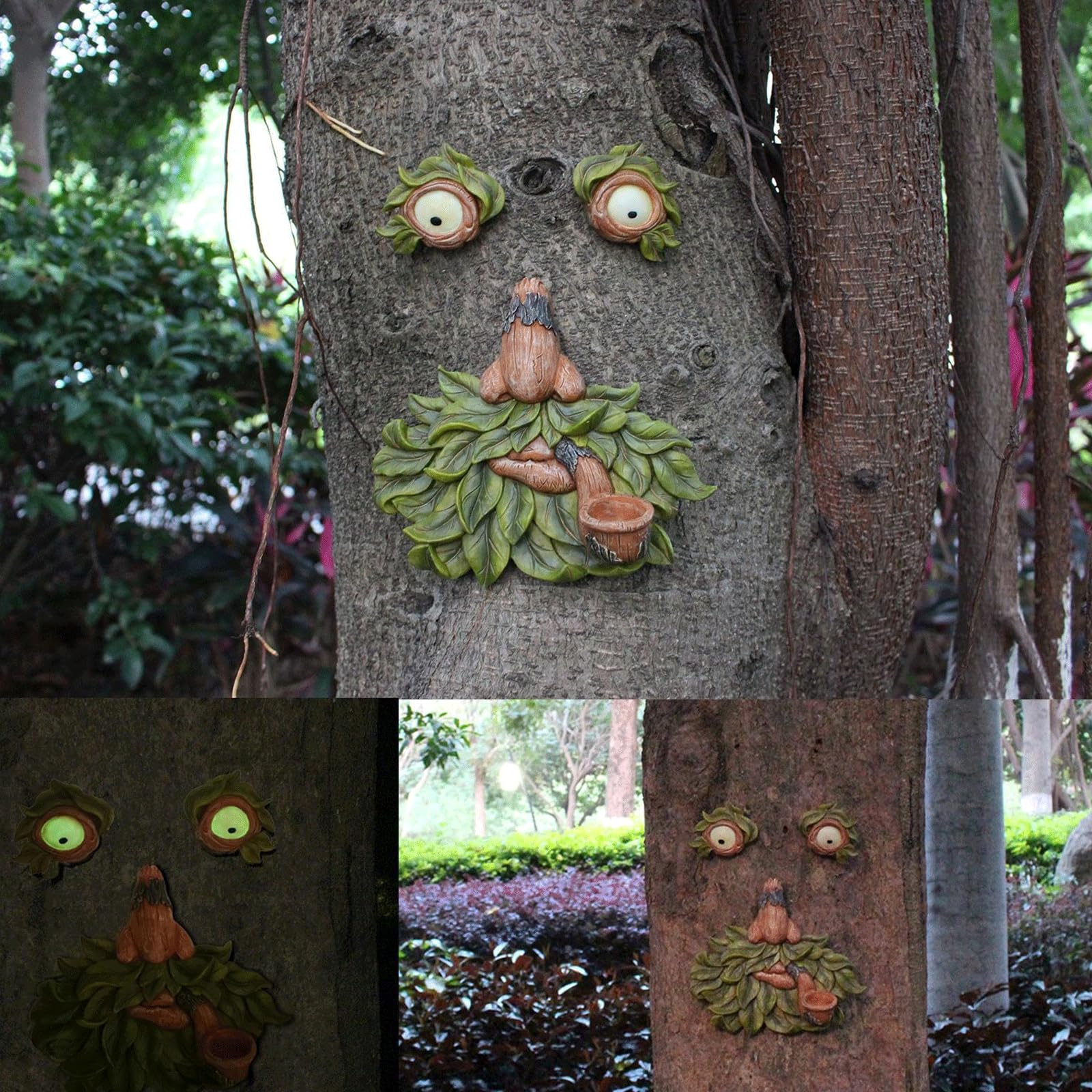 Statua da giardino per esterni con faccia di albero, occhi che si illuminano al buio, scultura creativa per feste, cortile, arte in resina, decorazione da giardino, decorazione per