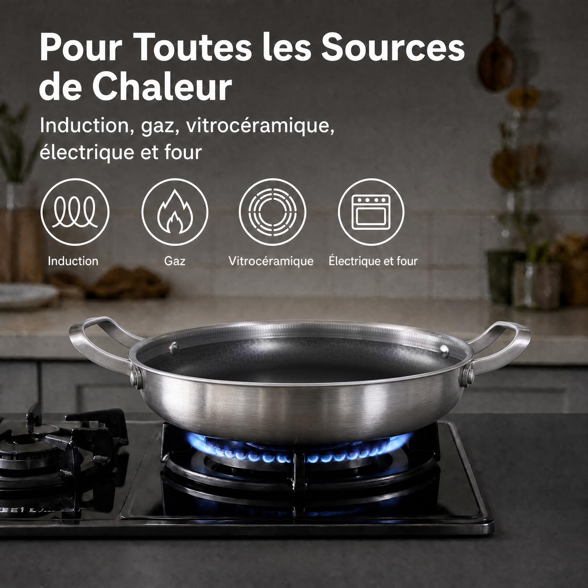 Inqibee Poêle Paella Hybride 30cm Inox, Antiadhésive Sans PFAS/PFOA | compatible induction et tous feux, Pour 3 à 5 Personnes, Nettoyage Facile,, passe au four et lave-vaisselle