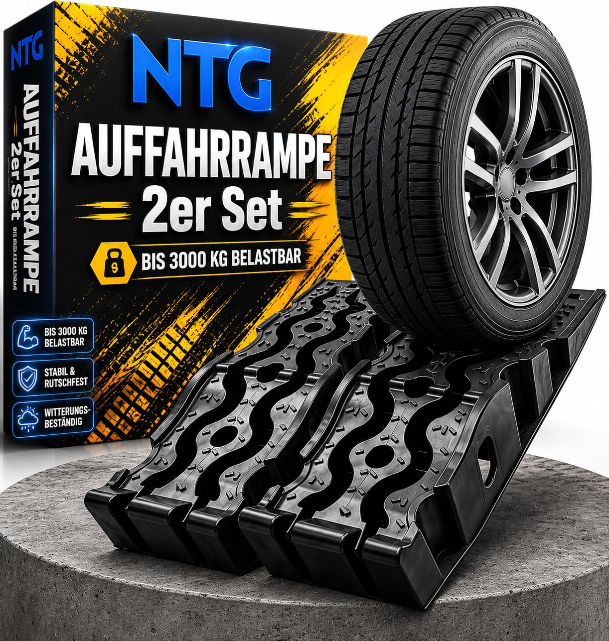 NTG Auffahrrampe PKW Auffahrrampen (2er Set) bis 3000 kg Hochbelastbare Auffahrkeile aus Kunststoff Antirutsch + Stapelbar - Passend für jedes Auto