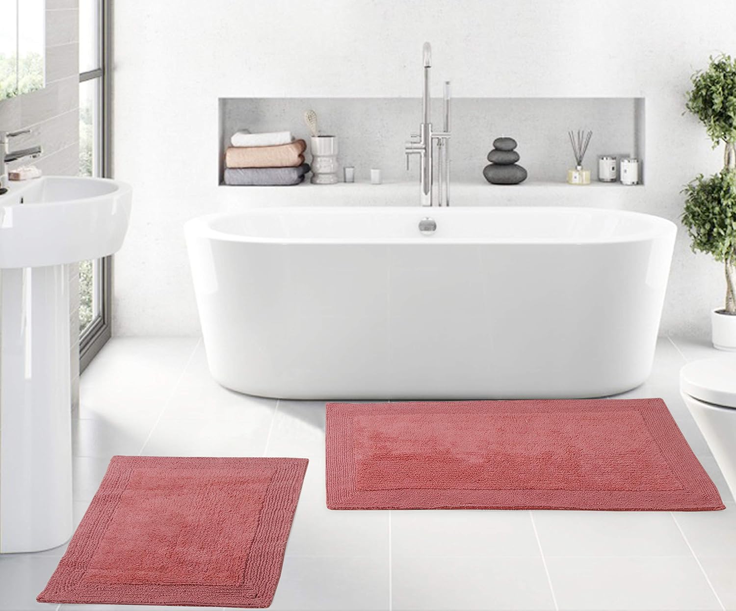 Home Weavers Luxury Collection 100% Reversible Cotton Bathroom Rugs Set, Washable Rug, Soft Cotton Extra Soft and Absorbent Bath Rug, Bath Mat Set, Bath Floor Mat Non Slip, 2 Piece Set(S+L), Coral