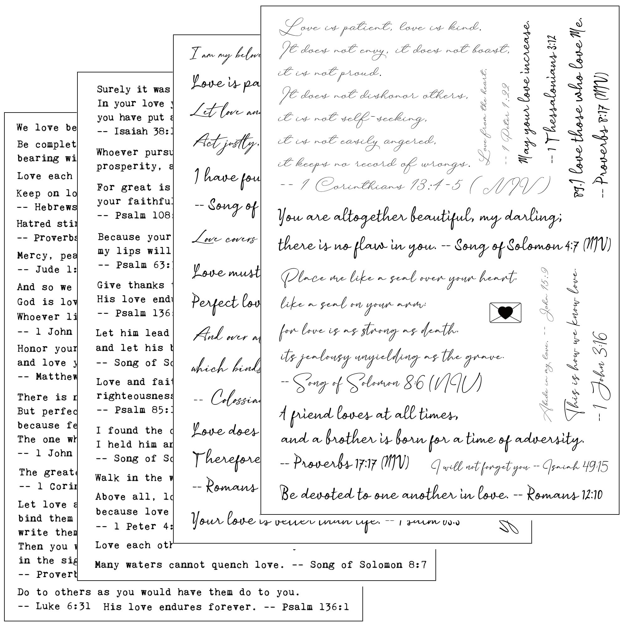 Esland Bible Verses Planner Stickers – 4 Sheets of Love Quotes, Retro Typewriter & Hand Lettering Styles, Inspirational Christian Stickers for Journaling, Scrapbooking, Bible Study, and Crafts