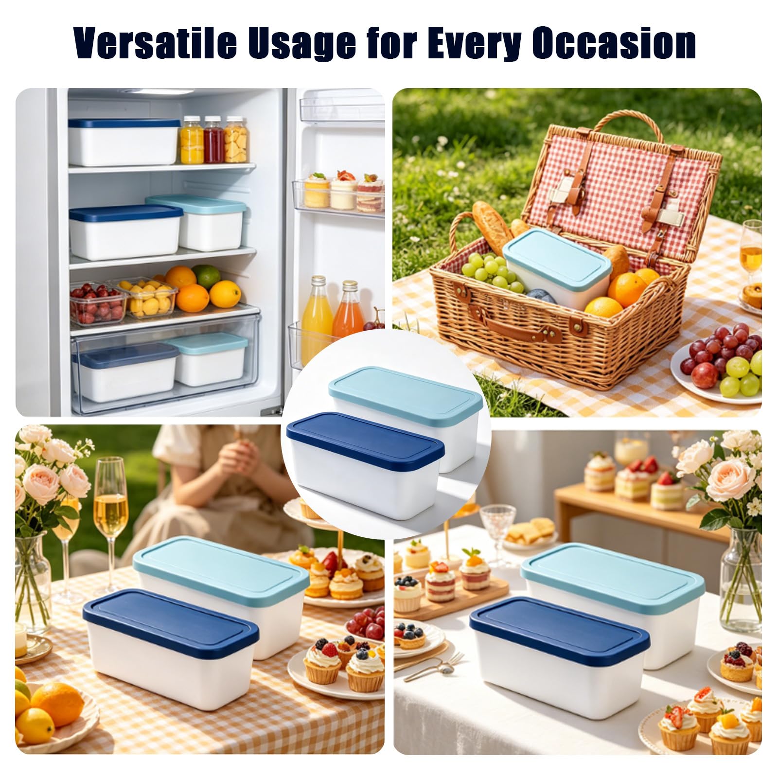 2 recipientes rectangulares para helados con tapas, 2 litros, reutilizables, para sorbetes, yogur, postres, sin BPA