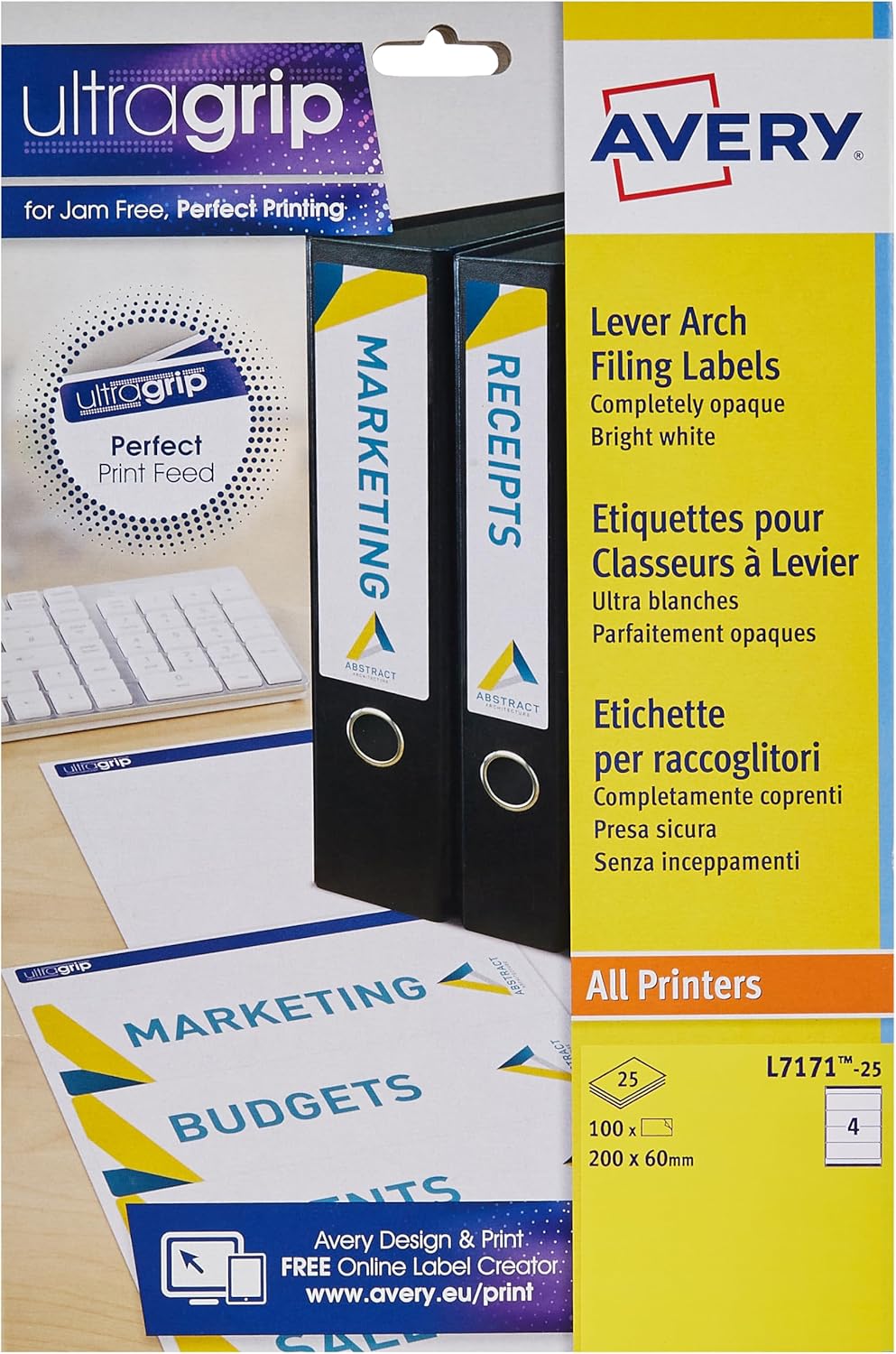 Avery Quickdry, Printable, Filing Labels, Lever Arch Filing, 200 x 60 mm, White, 4 Labels per Sheet, 100 Blank Labels per Pack (L7171-25)