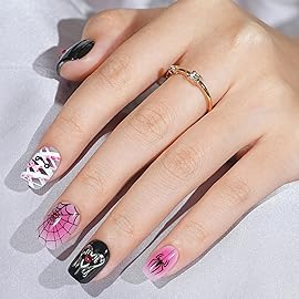 Halloween Press On Nails Short - Mummys Crypt,Black Press On Nails Halloween with Spider Web, Acrylic Square Glue On Nails with Nail Glue, Stick On Nails in 16 Sizes - 32 PCS Soft Gel Kit