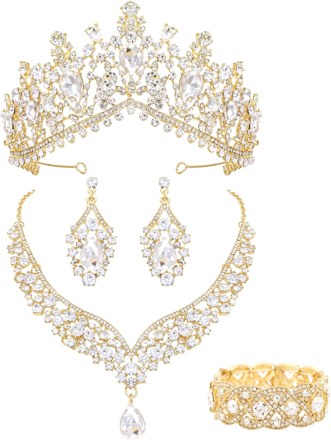 Oriamour Tiaras and Crowns for Women, Wedding Jewelry Set For Women, 5-pack Crown Earrings Necklace Bracelet, Bridal Jewelry Set For Bride, Crystal Costume Party Birthday Prom Pageant Jewelry for Women