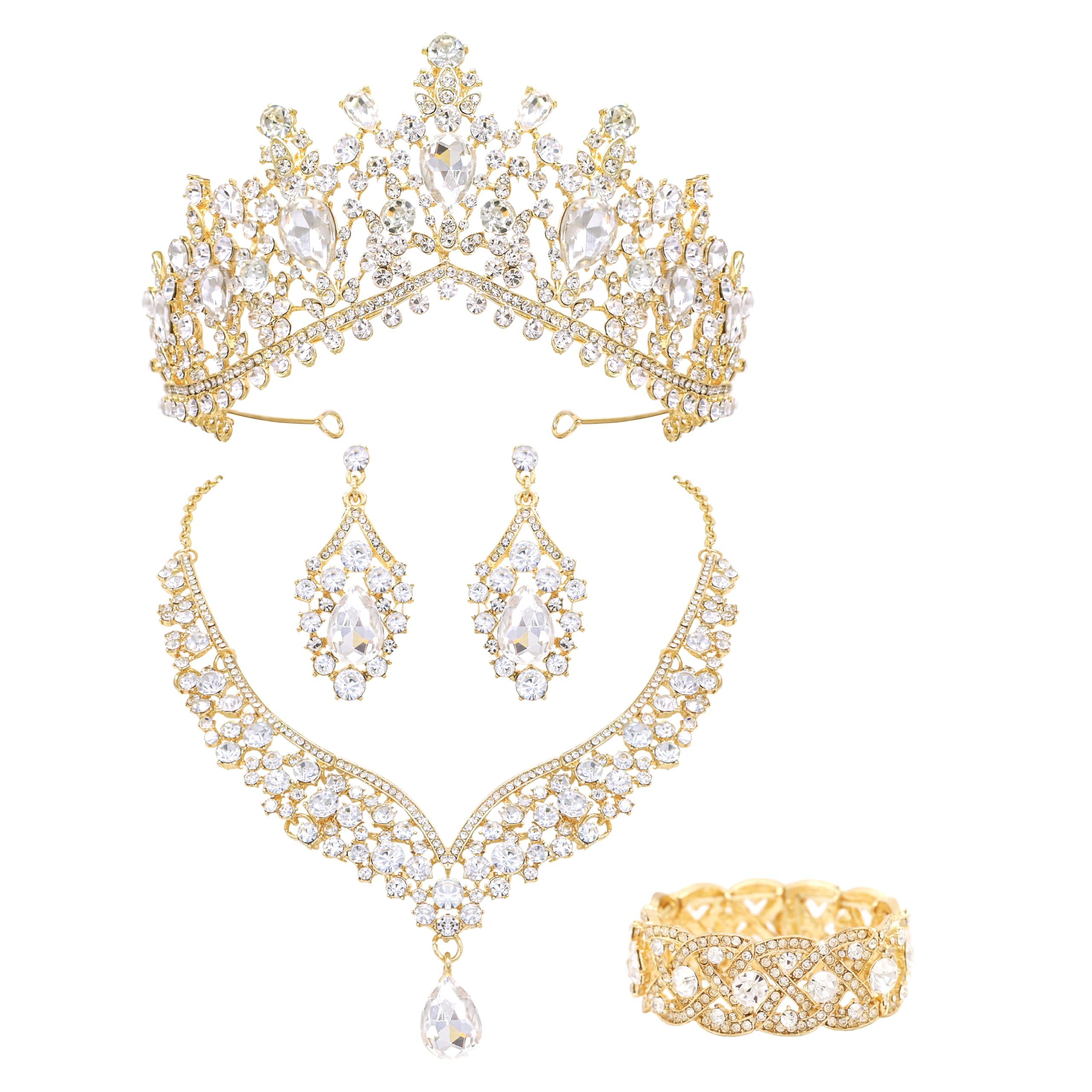 Oriamour Tiaras and Crowns for Women, Wedding Jewelry Set For Women, 5-pack Crown Earrings Necklace Bracelet, Bridal Jewelry Set For Bride, Crystal Costume Party Birthday Prom Pageant Jewelry for Women