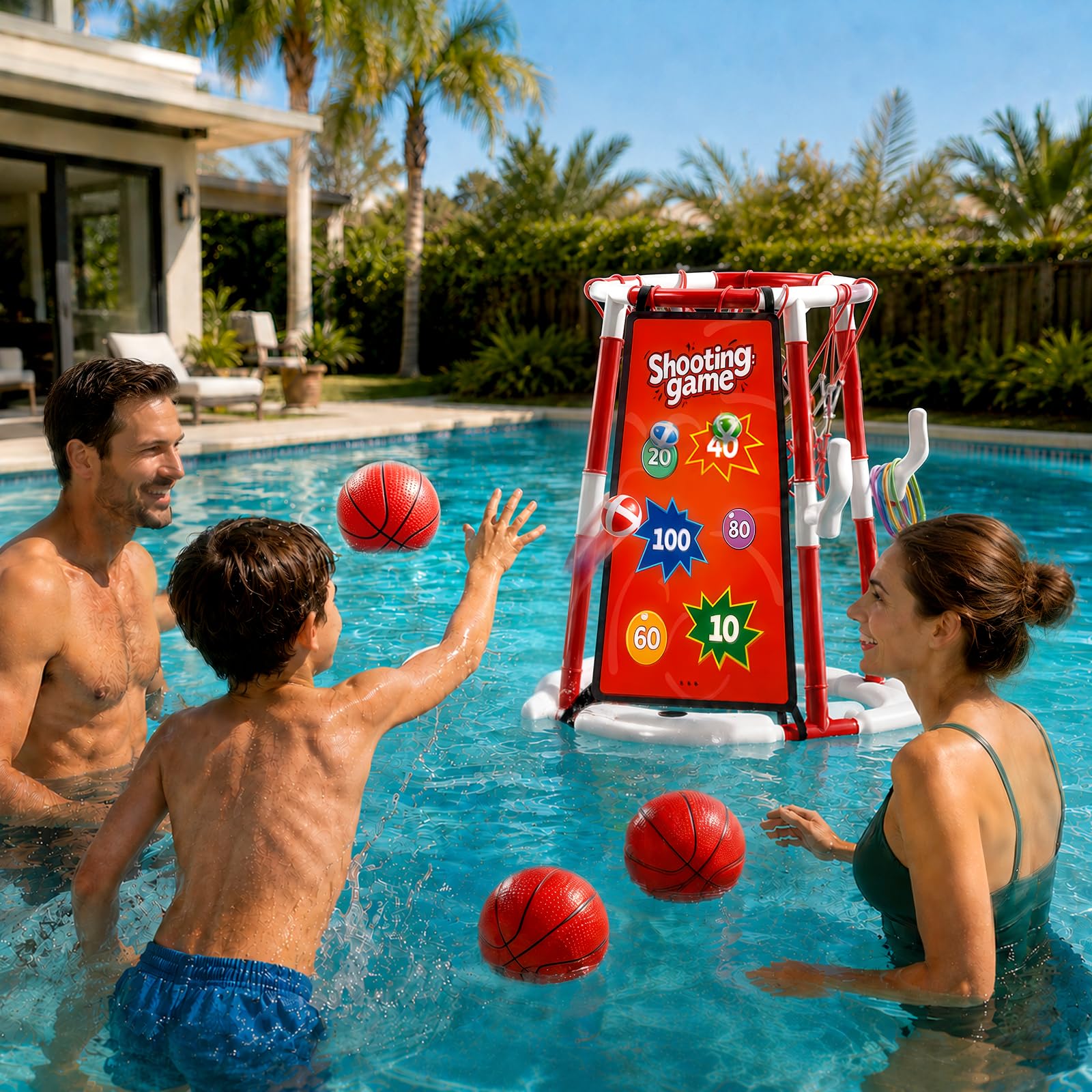 Ronronner Panier de basketball 3 en 1 pour piscine, jouet de piscine avec lancement de balle collante et lancement d'anneaux, 12 balles adhésives, 4 ballons de basket-ball, jouet aquatique pour