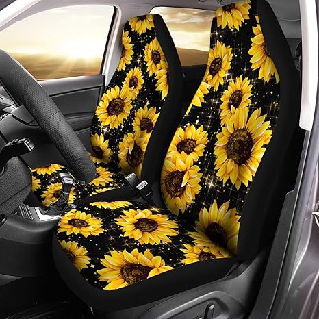 Black Bling Shiny Sunflower Print Auto Seat Cover, Thin Breathable Universal Car Front Seats Accessories Interior Decor 2 Pcs