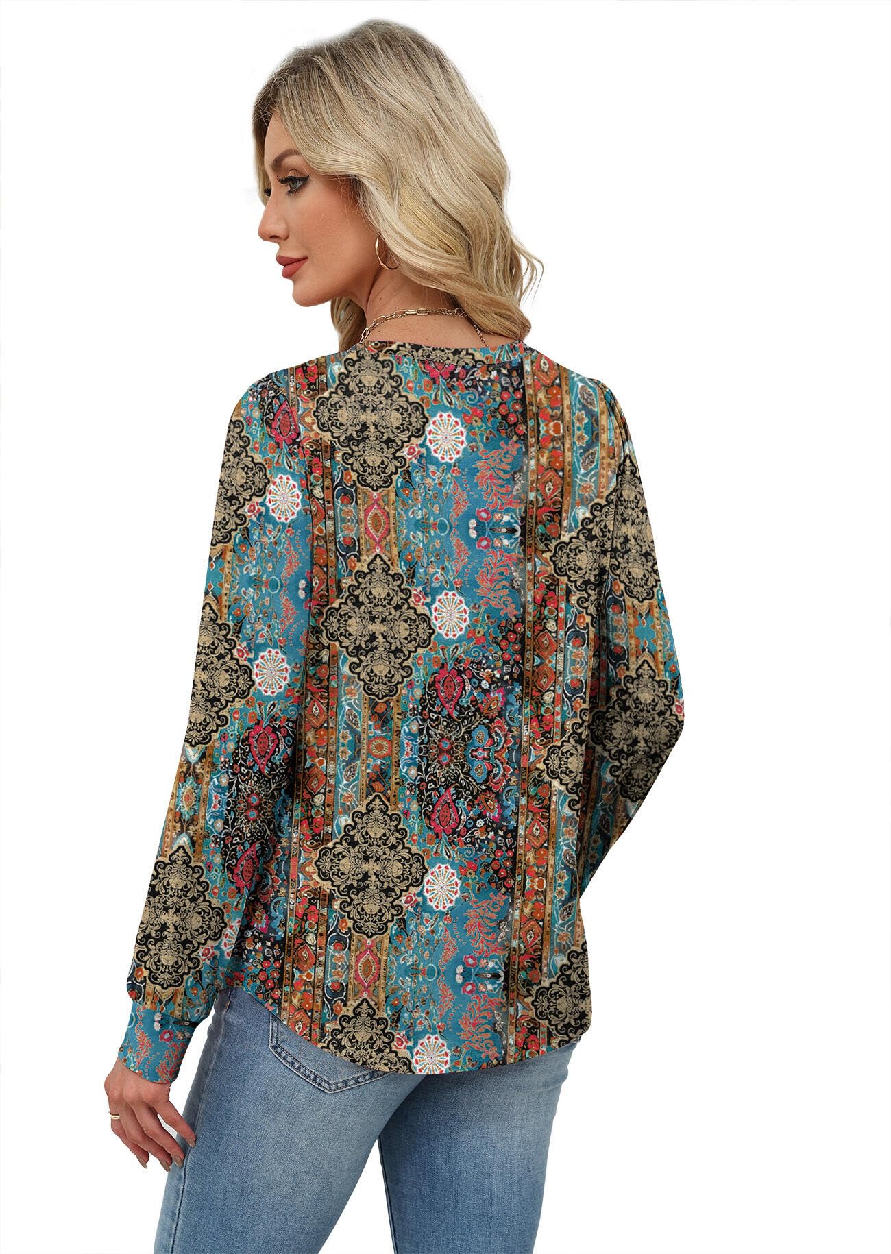 Alaroo Womens Long Sleeve Shirts Pleated V Neck Curved Hem Fall Winter Tunic Tops Blouses Print