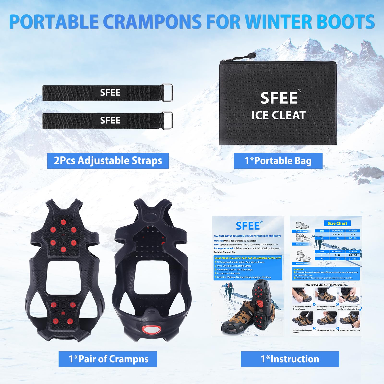 Sfee Tacchetti da ghiaccio V3, tacchetti da ghiaccio in tungsteno per scarpe e stivali, ramponi per stivali da trekking, tacchetti da ghiaccio per donne, uomini, bambini, tacchetti di trazione per